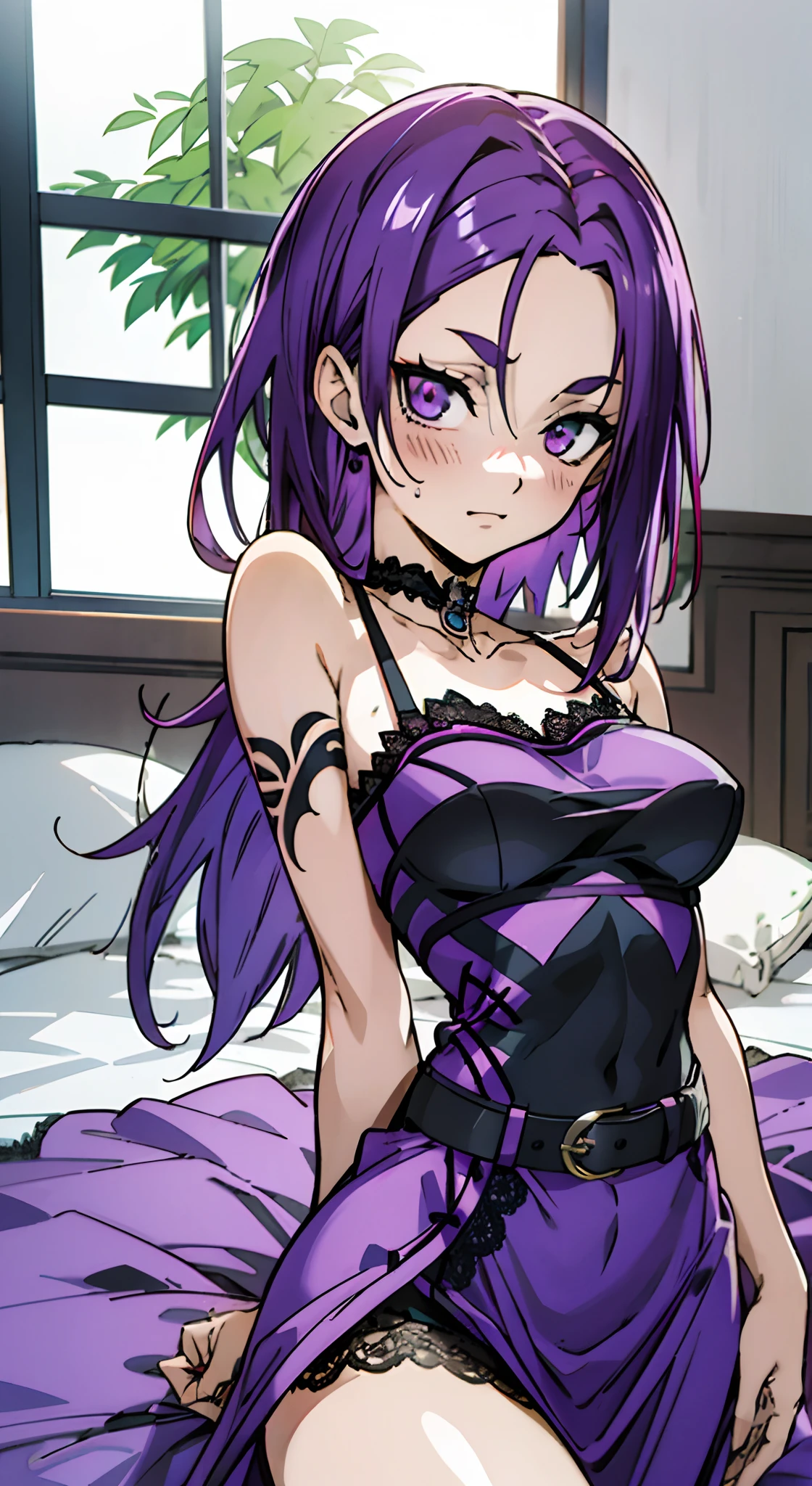 Masterpiece, Best quality, Ultra-detailed, Off-the-shoulder attire, Colorful,take up close, Hyper-detailing,purple color hair, Ultra-realistic hair quality, Vibrant colors, cute Women, Beautiful long hair, beautiful shoulder-length hair, Shiny hair, detailed hairs, reo mikage, bluelock, no sleeves, camisole and cheongsam, chinese clothes, chest exposure, lace underwear, the kinky is exposed, choker, black choker, arm warmers, lace arm warmers, knee socks, star-patterned knee socks, thighs, garter belt, bare feet, sandals, gladiator sandals, brown sandals, relative area, a belt, sexy breasts, tattoo, blue rose tattoos on his neck, turning into chain-like intertwined thorny stems down his left arm culminating in a crown with a keyhole on his left hand, big breasts, red blush, 1girl, Solo, sharpy face, heterochromia, green eyes, purple eyes, Bare neck, happiness face, rays of sunshine, brautiful sky, shining sky, Shanghai Village, castle