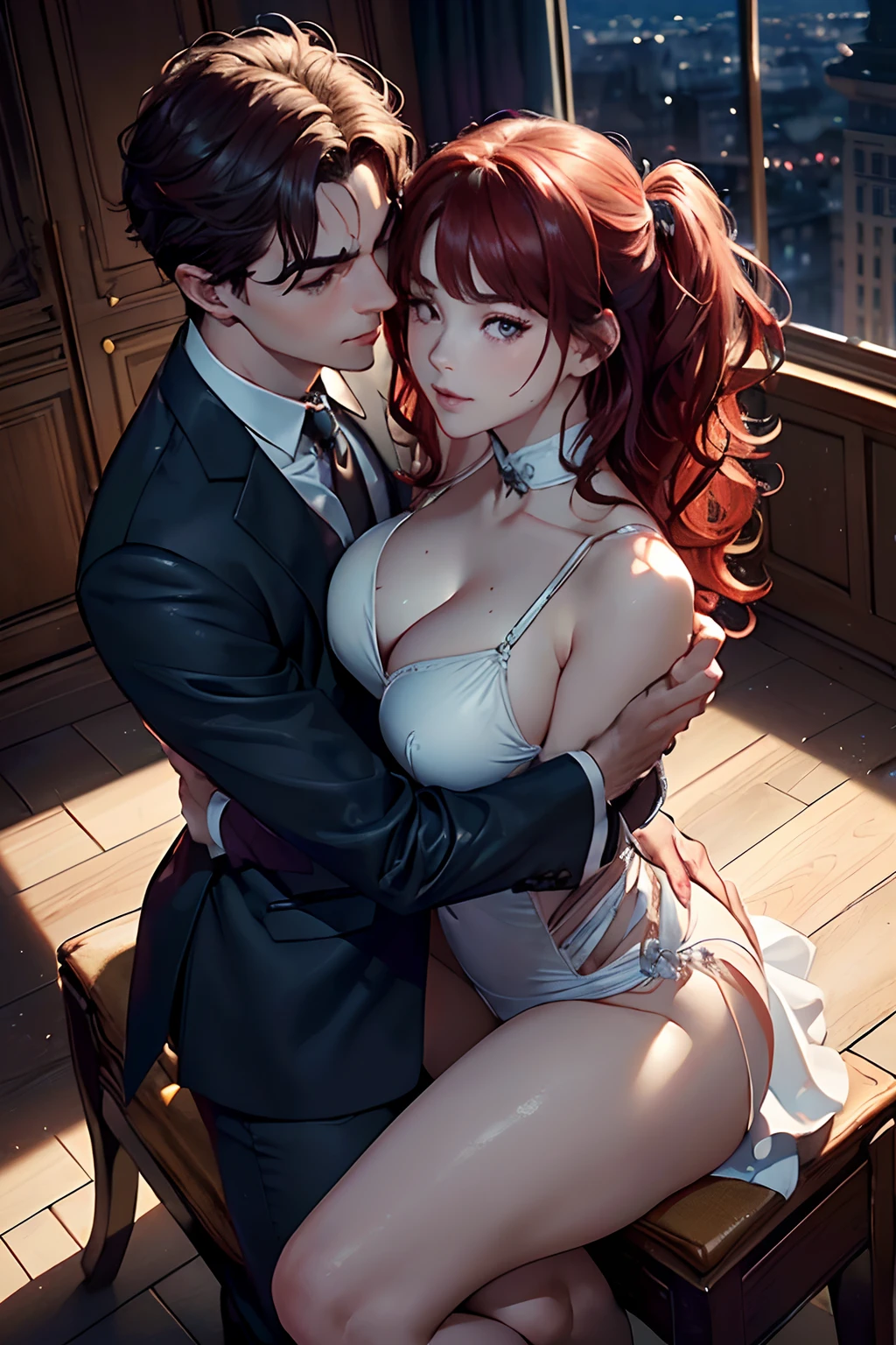 NSFW (en anglais seulement), (Dance masterpiece, Best quality, photo realist:1.4), (peau brillante), (UHD, 8k wallpaper, High resolution), Anatomie parfaite, lighting cinematic, Rendu physique, award winner, extreme detail skin, Extra detailed face, eyes with beautiful details, Carl Zeiss 85 mm F/1.4, (((1fille et 1homme, couple, ayant des relations sexuelles))), (chevauchement vertical, (homme dans le dos ), sur la chaise:1.3), (1fille: very cute in 20 year old dress, (mid-length wavy red hair, frange), medium breasts with cleavage, (1fille: nez luxuriant et coquin, eyes are almost closed), Dans la salle de classe de minuit, (Clair de lune), (1homme: A handsome, mature man dressed in a rookie suit, Hugging the girl by one arm and another arm catches the girl's chin), Diagonal forward shooting, Map from above,