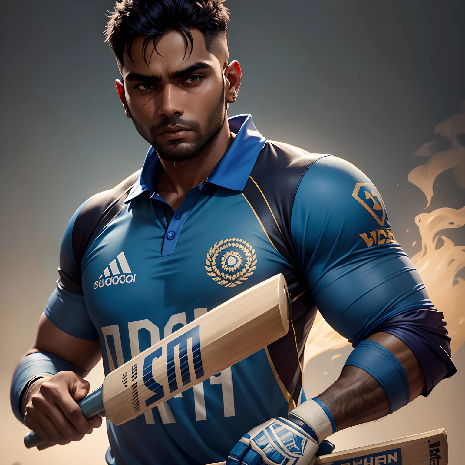 Suryakumar yadav indian cricket player,blue jersey,holding cricket bat, trending on artstation, sharp focus, studio photo, intricate details, highly detailed, by greg rutkowski