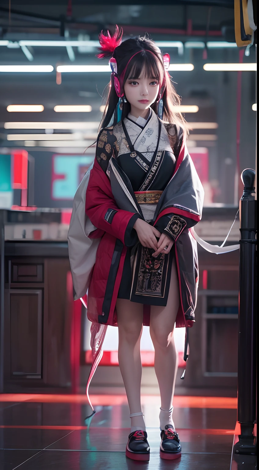 masterpiece, 1 beautiful girl, Detailed eye, Swollen eyes, top-quality, 超A high resolution, (reality: 1.4), 电影灯光, japanes, a asian beauty, very extremely beautiful, Beautiful skins, A slender, Forward-facing body, (A hyper-realistic), (hight resolution), (8K), (ighly detailed), ( Best Illustration), (beautifully detailed eyes), (ultra-detailliert), 详细的脸, Bright lighting, Professional Lighting、The background is a cyberpunk room with a large number of monitors.、The cord is connected from the costume、Hair color is red、headset on head、small tattoo on face、Female Game Commentator