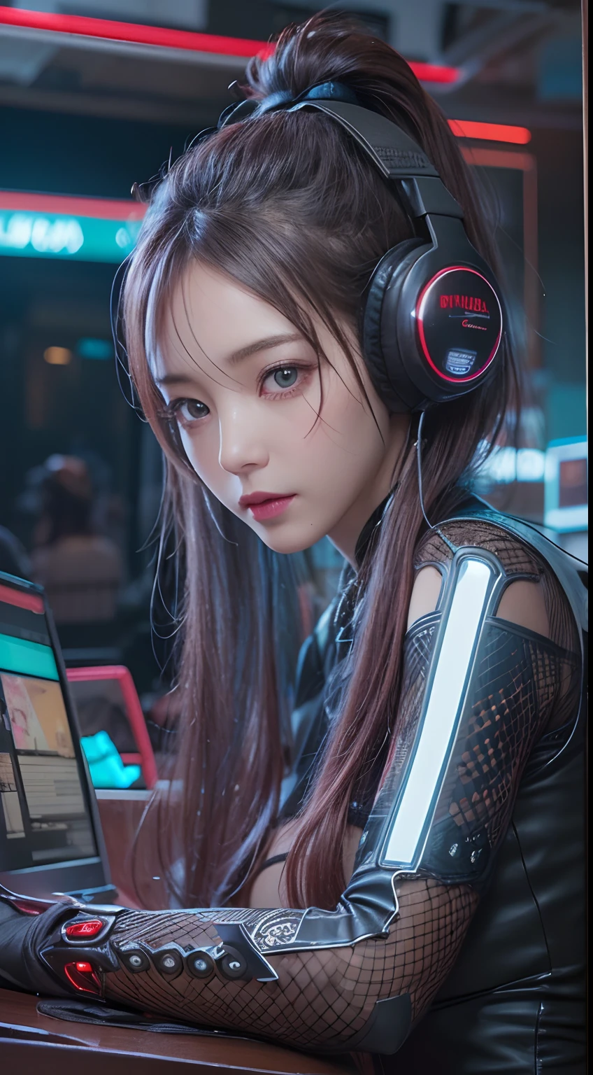 masterpiece, 1 beautiful girl, Detailed eye, Swollen eyes, top-quality, 超A high resolution, (reality: 1.4), 电影灯光, japanes, a asian beauty, very extremely beautiful, Beautiful skins, A slender, Forward-facing body, (A hyper-realistic), (hight resolution), (8K), (ighly detailed), ( Best Illustration), (beautifully detailed eyes), (ultra-detailliert), 详细的脸, Bright lighting, Professional Lighting、The background is a cyberpunk room with a large number of monitors.、The cord is connected from the costume、Hair color is red、headset on head、small tattoo on face、Female Game Commentator