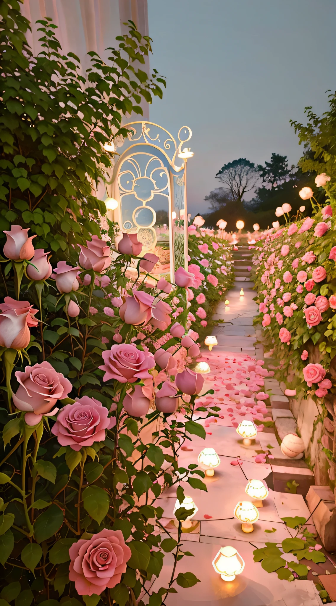 There are a lot of pink roses in the garden,With the lights on, romantic motifs, beautiful ambiance, rose pink lighting, beautiful ambiance, very magical and dreamy, dreamy and romantic, with soft pink colors, Romantic atmosphere, Gorgeous atmosphere, Beautiful and aesthetic, Rose garden, Dreamy atmosphere, Glowing flowers, ❤🔥🍄🌪, portal made of roses