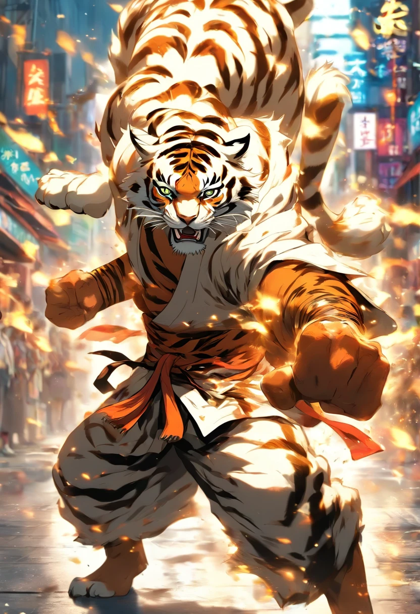 Tiger monk in combat kimono, in a fighting stance, in a street, to stand, White tiger