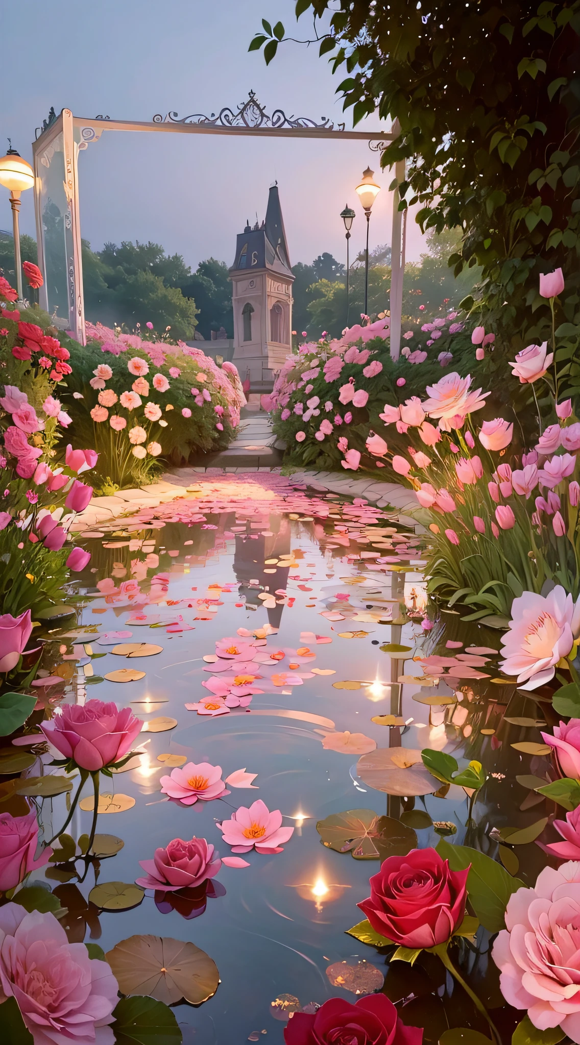 Flowers in the pond,There are candles inside, portal made of roses, Beautiful and aesthetic, Pink reflections, rose pink lighting, beautiful ambiance, beautiful aesthetic, an aesthetic field of flowers, dreamy aesthetic, dreamy and romantic, Glowing flowers, romantic motifs, Flower beds on the floor, Magical flowers, beautiful ambiance, soft light 4 k in pink