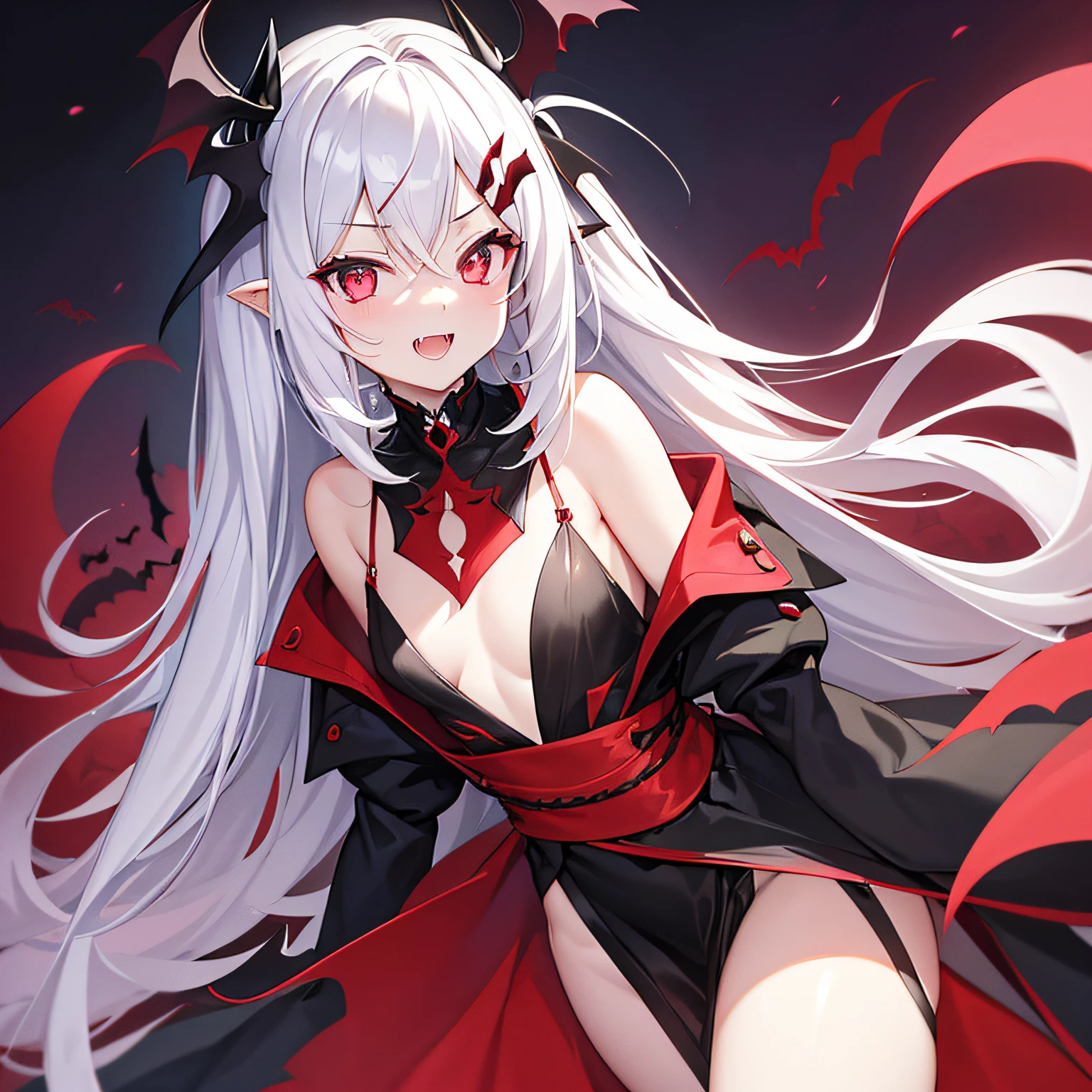 tmasterpiece,one gril,Lovely appearance,Crimson eyes,long white hair,Black delicate dress,Small fangs,(Bat hairpins)