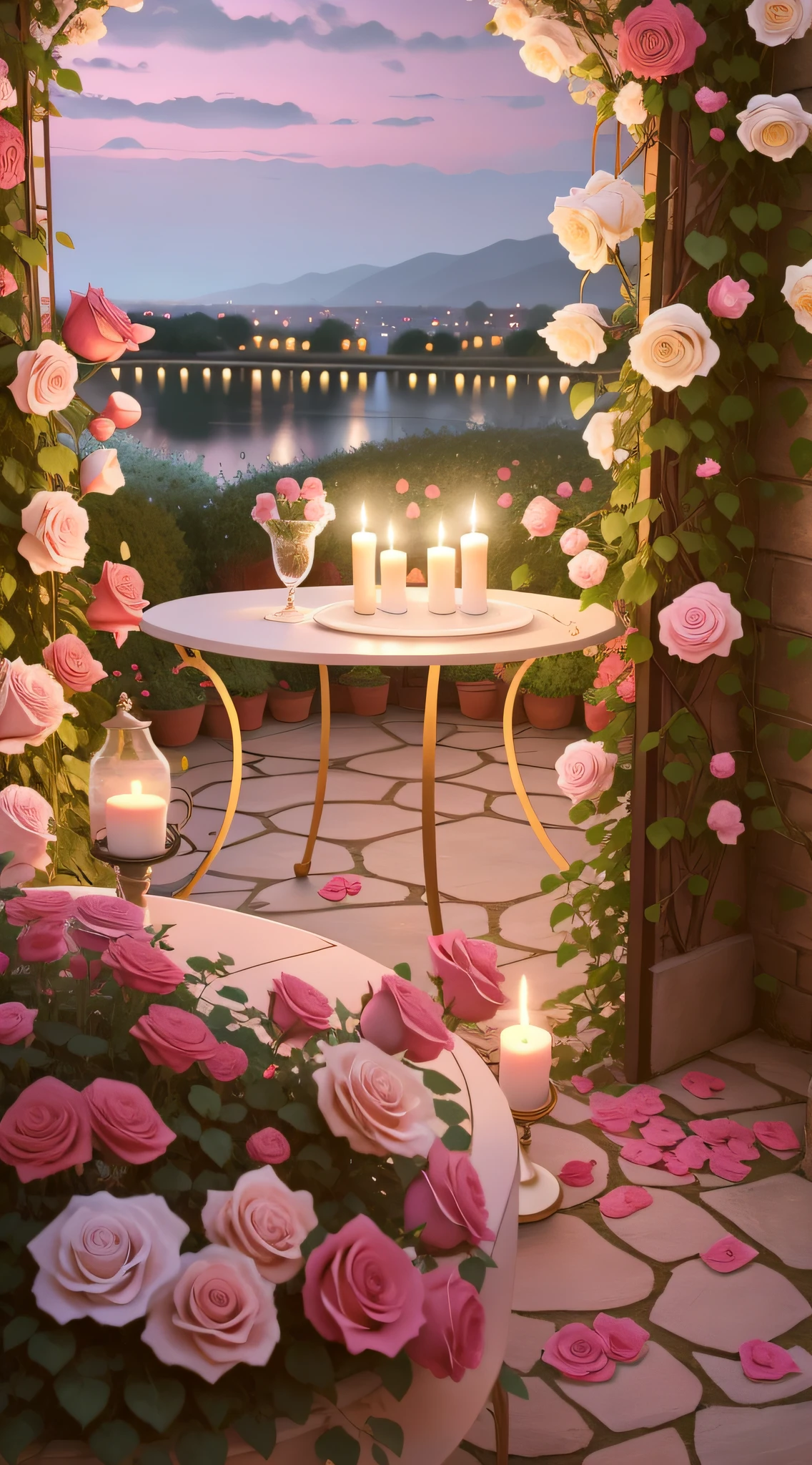 There are pink roses and candles on the table in the garden, Romantic atmosphere, romantic setting, romantic motifs, beautiful ambiance, beautiful ambiance, Romantic!!!, Romantic light, romantic lighting, Romantic scene, in romantic style, dreamy and romantic, romantic mood, Evening atmosphere, romantic landscape, rose pink lighting, illusory engine ; romantic motifs, portal made of roses
