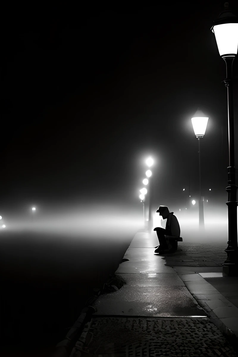 a black and white photo of a person sitting on a bench in the dark, midnight mist streetlights, 'lone dark figure'!!, lonely atmosphere, foggy night, late night melancholic photo, dark lighting and heavy fog, night time photograph, chilly dark mood, misty night, pensive lonely, misty mood, people at night, foggy mood