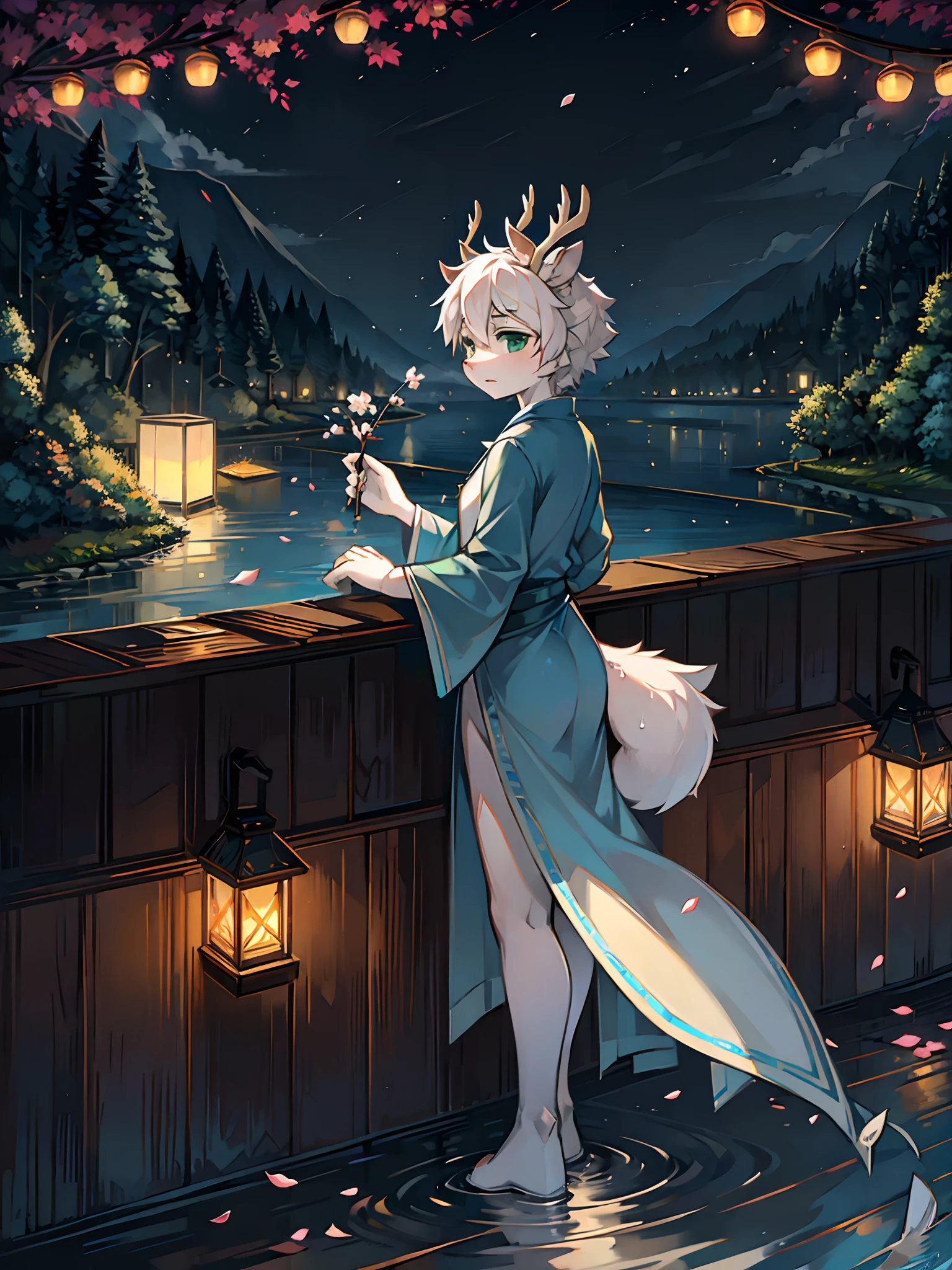 A white deer,long blue robes,Green eyes,deer antlers,River side,falling flower petals,It rained heavily,The tree,White petals,Lake Pavilion,Holding an umbrella,dark cloude,A sad look,veils,rainwater,Blue umbrella,White pear blossom tree,downpours,rain,holding folding fan,Paper lanterns floating on the surface of the river,River lamps