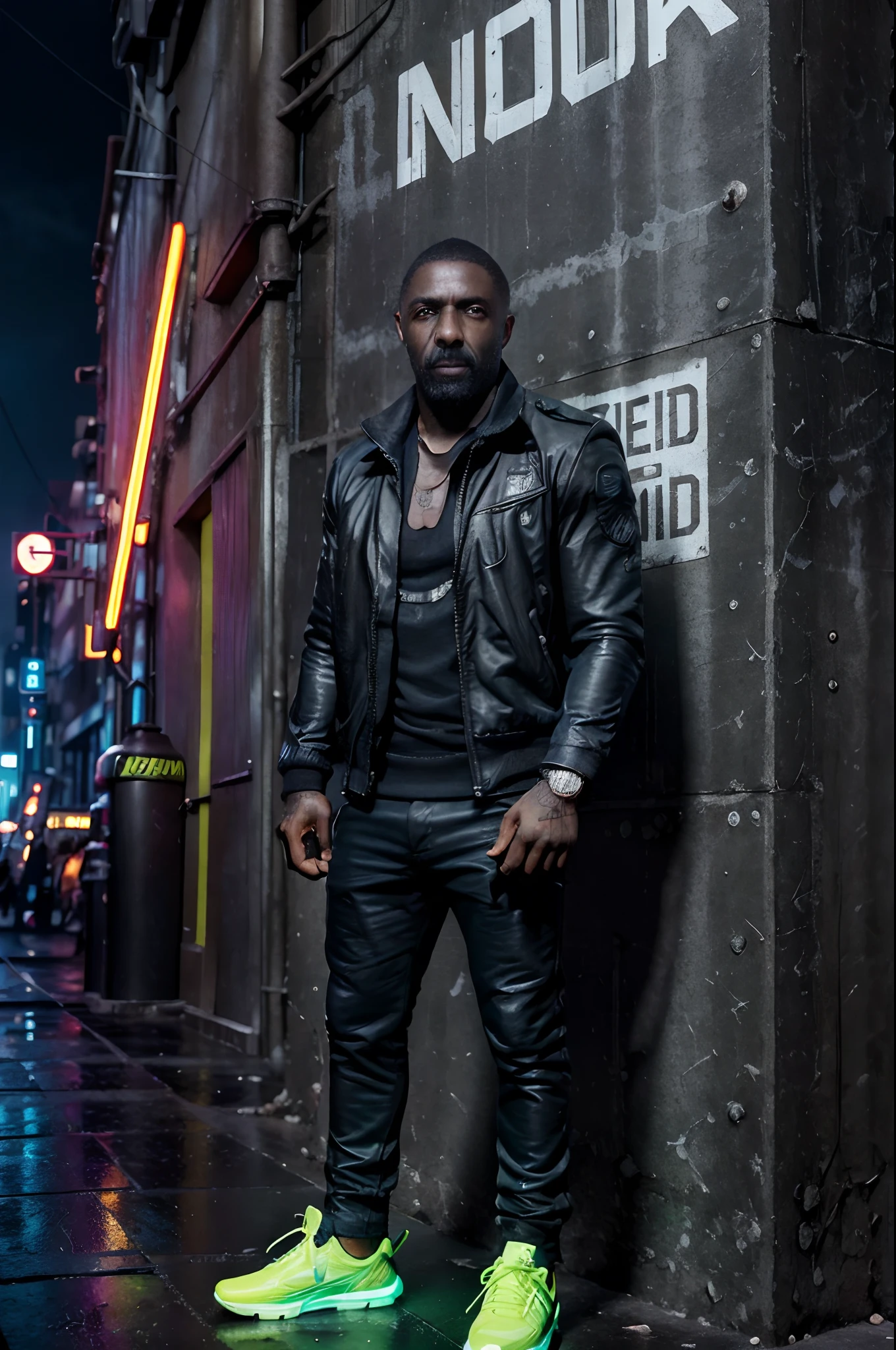 "Explore as ruas iluminadas por neon de Cyberpunk 2077 com Idris Elba como seu guia. From his sleek streetwear to the electrifying wave of lightning behind him, this 3D CGI image will transport you to a futuristic world like no other.", ((Idris Elba)), Loish, Jeremy Mann, tiro de corpo inteiro, folha de caracteres, Onda de raios, ..3d, .cgi, glowing neon, Cyberpunk, roupa streetwear, neon city