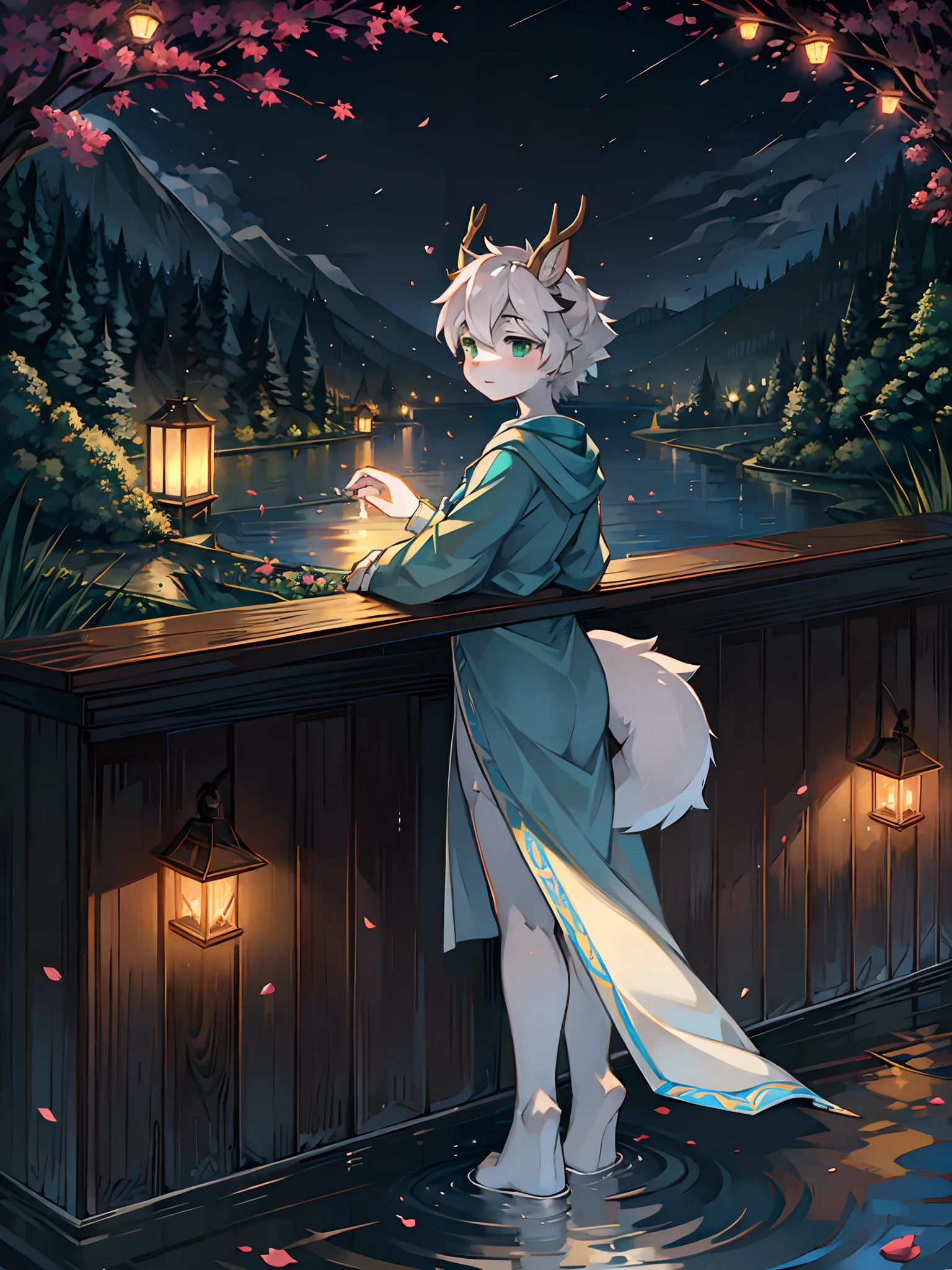 A white deer，long blue robes，Green eyes，deer antlers，River side，falling flower petals，It rained heavily，The tree，White petals，Lake Pavilion，Holding an umbrella，dark cloude，A sad look，veils，rainwater，Blue umbrella，White pear blossom tree，downpours，rain，holding folding fan，Paper lanterns floating on the surface of the river，River lamps