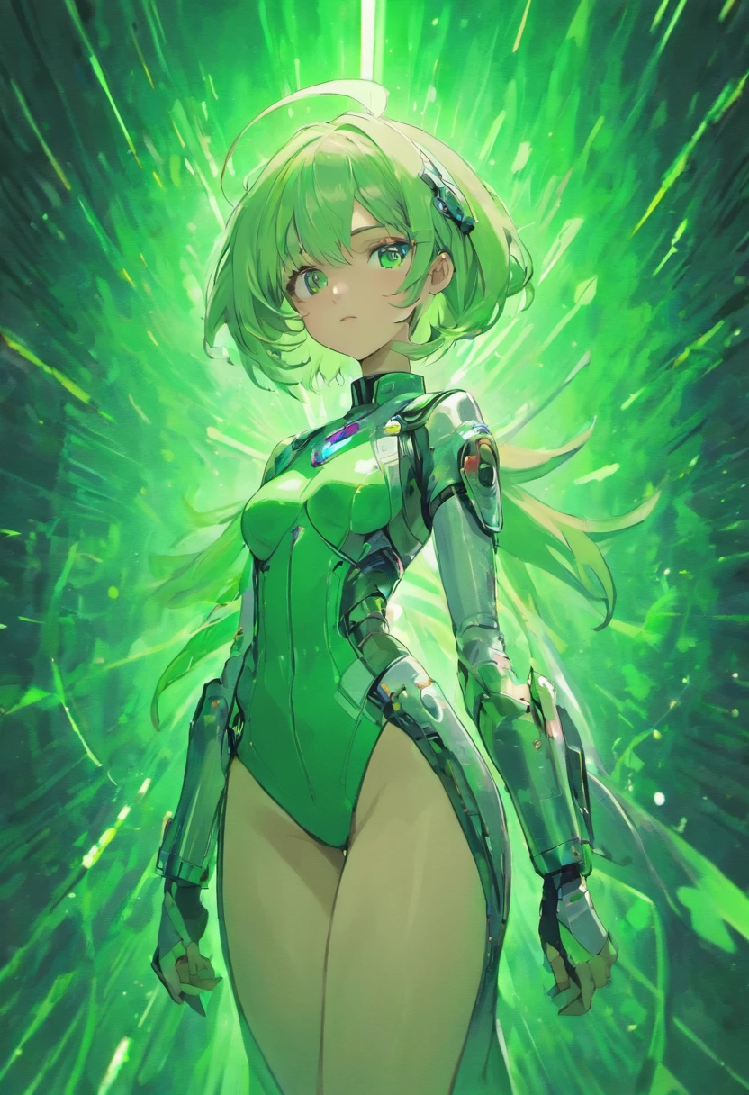 Silver-haired woman in modern fashionable spacesuit based on green and white、Hair is one-point color and lilac、Wearing a futuristic belt around his waist、Purple dark blue eyes、Background is forest and waterside、Only one person、