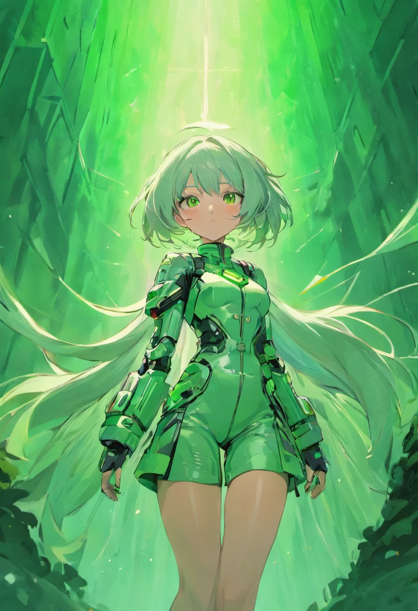 Silver-haired woman in modern fashionable spacesuit based on green and white、Hair is one-point color and lilac、Wearing a futuristic belt around his waist、Purple dark blue eyes、Background is forest and waterside、Only one person、