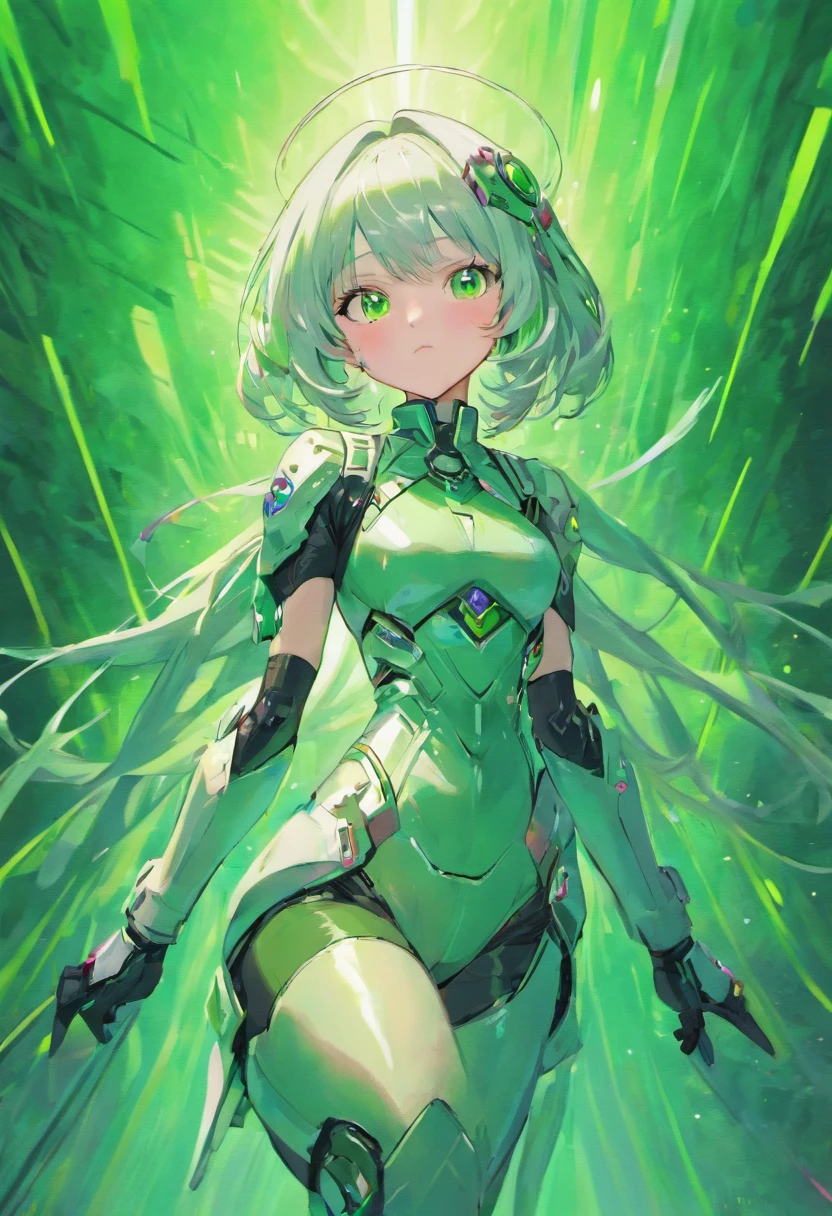 Silver-haired woman in modern fashionable spacesuit based on green and white、Hair is one-point color and lilac、Wearing a futuristic belt around his waist、Purple dark blue eyes、Background is forest and waterside、Only one person、
