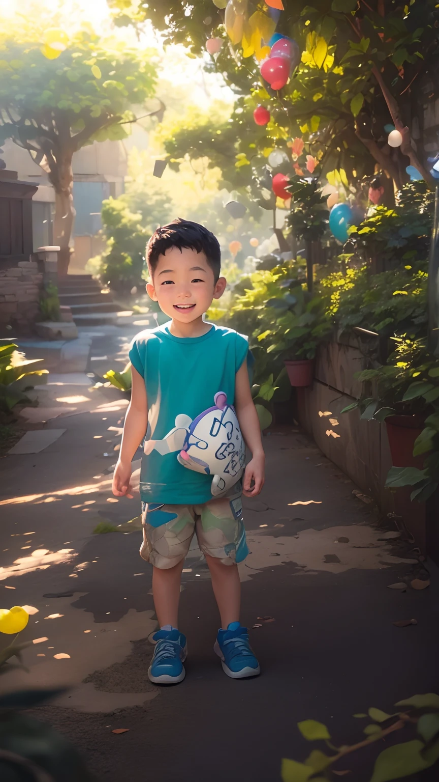 A boy, zoo, many balloons, happy, happy, perfect quality, clear focus (clutter - home: 0.8), (masterpiece: 1.2) (realistic: 1.2) (bokeh) (best quality) (detailed skin: 1.3) (complex details) (8K) (detail eyes) (sharp focus), (happy) full body, two children, clean background, long view composition, 85MM SHOT