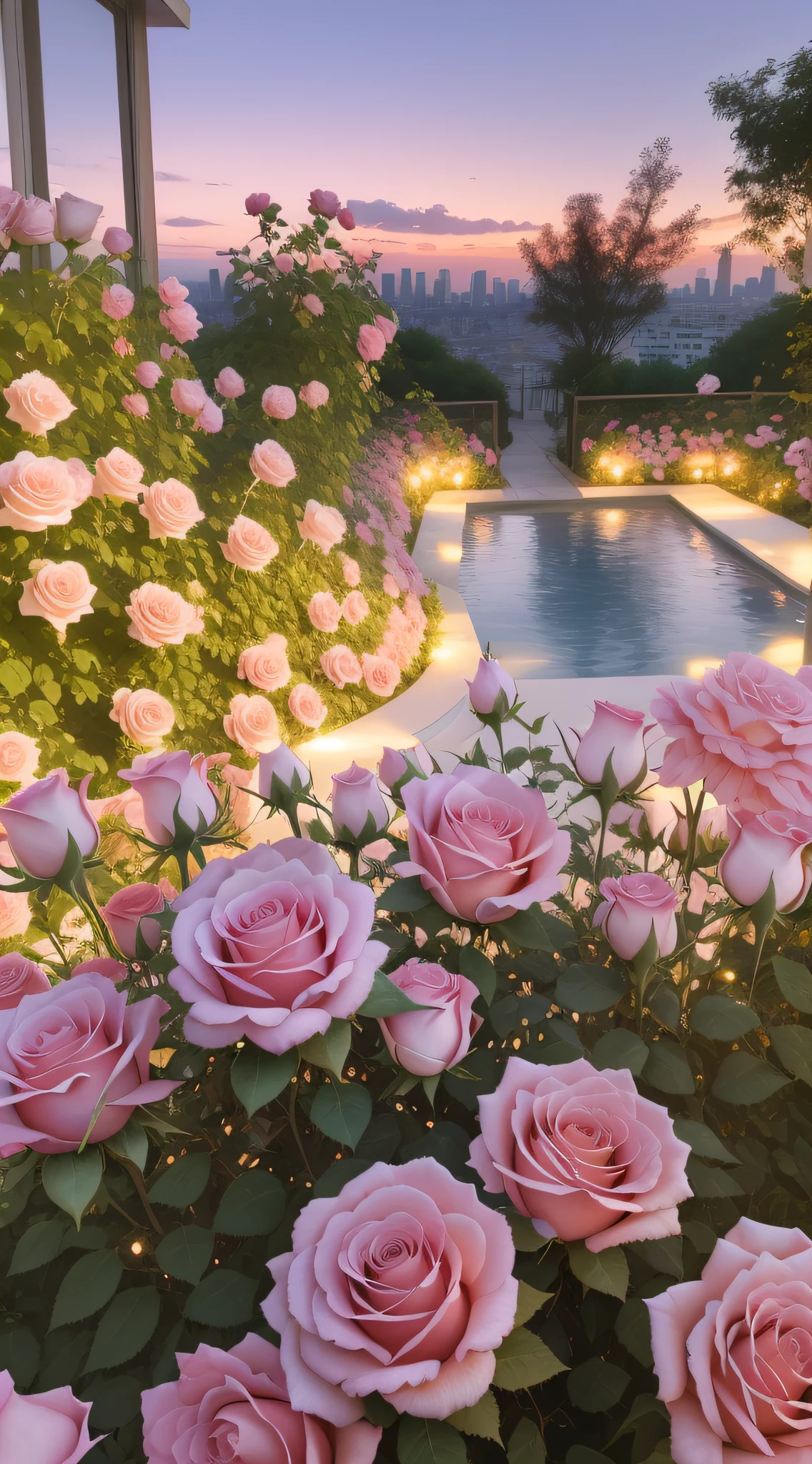 There are many pink roses in the garden，Great view of the city, Beautiful and aesthetic, rose pink lighting, beautiful aesthetic, dreamy aesthetic, Rose background, Rose garden, an aesthetic field of flowers, rosette, rosses, wallpaper aesthetic, background is heavenly, with soft pink colors, beautiful ambiance, soft light 4 k in pink, beautiful aesthetic design, rose background