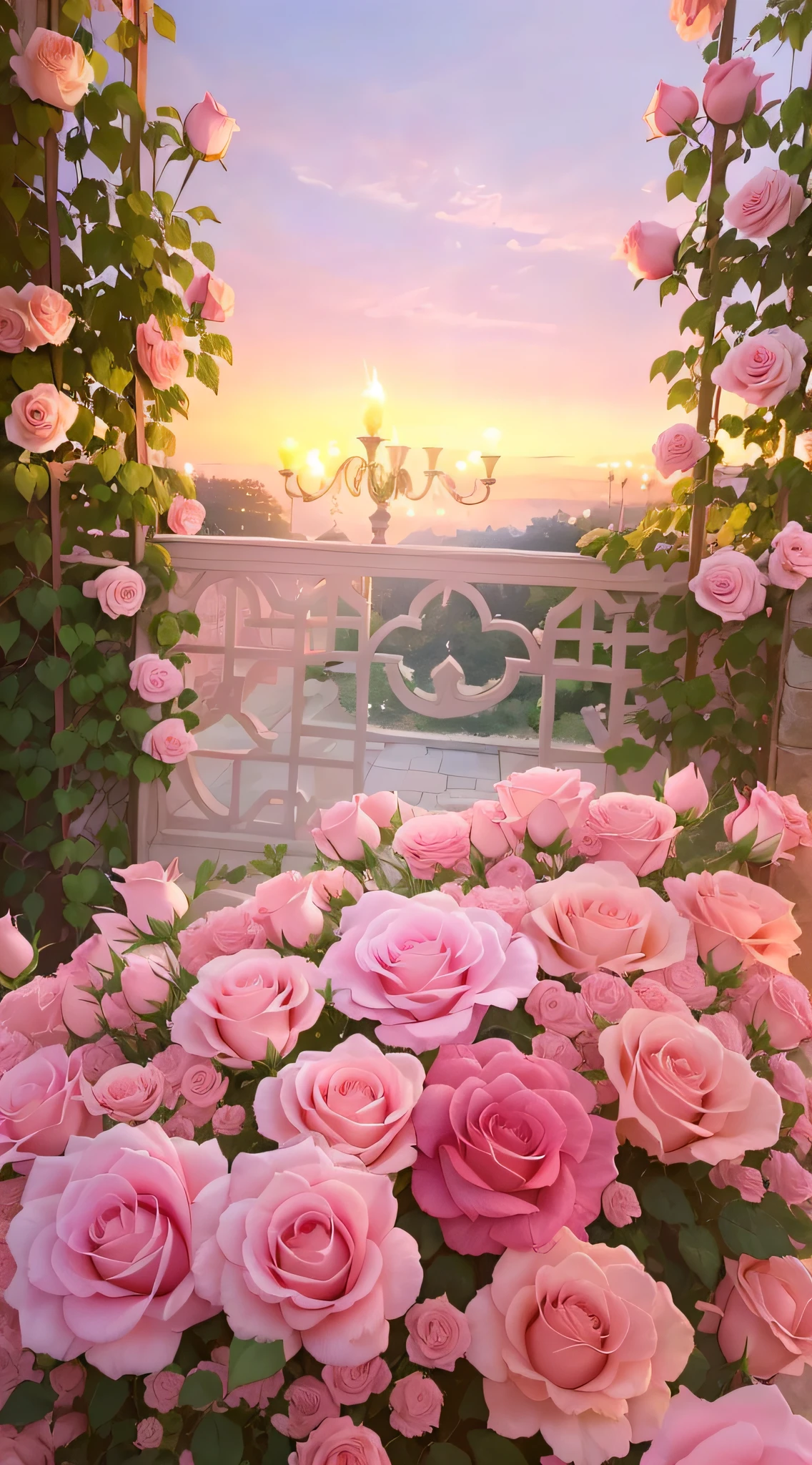There are a lot of pink roses growing in the garden, rose pink lighting, Beautiful and aesthetic, with soft pink colors, beautiful ambiance, beautiful ambiance, romantic motifs, beautiful aesthetic lighting, beautiful aesthetic, Gorgeous atmosphere, soft light 4 k in pink, Romantic atmosphere, beautiful aesthetic design, floral sunset, dreamy aesthetic, romantic setting, Rose background