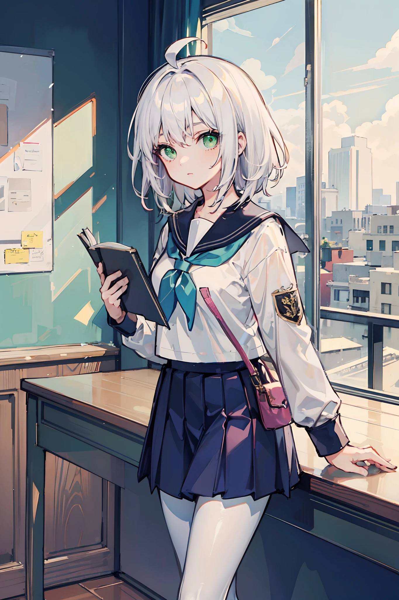 Masterpiece,Best quality,a beauty girl,Medium hair, White hair, ahoge, Green eyes, White pantyhose,school uniform