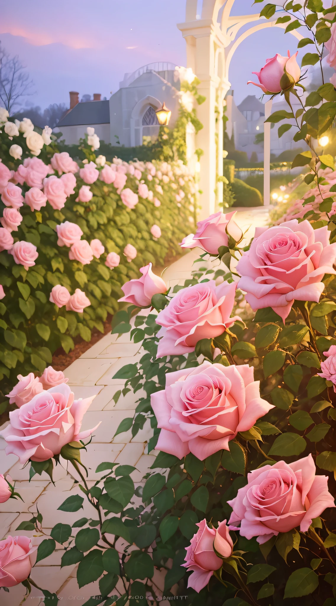 There are many pink roses growing in the garden with white arches, rose pink lighting, with soft pink colors, soft light 4 k in pink, Rose garden, roses in cinematic light, rosette, Rose, Rose background, melanchonic rose soft light, Pink flowers, at gentle dawn pink light, Pink rose, taken with a pentax k1000