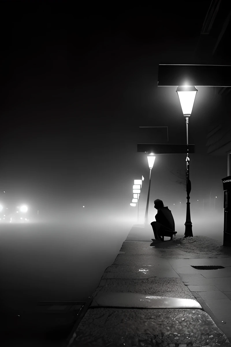 a black and white photo of a person sitting on a bench in the dark, midnight mist streetlights, 'lone dark figure'!!, lonely atmosphere, foggy night, late night melancholic photo, dark lighting and heavy fog, night time photograph, chilly dark mood, misty night, pensive lonely, misty mood, people at night, foggy mood