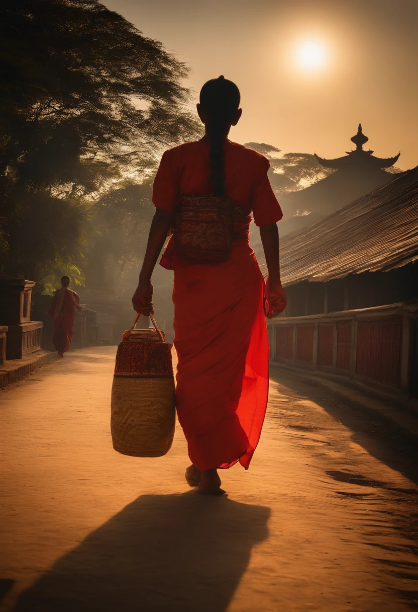 I want Vector silhouettes of burmese college student with tradtional costume and traditonal bag walking back