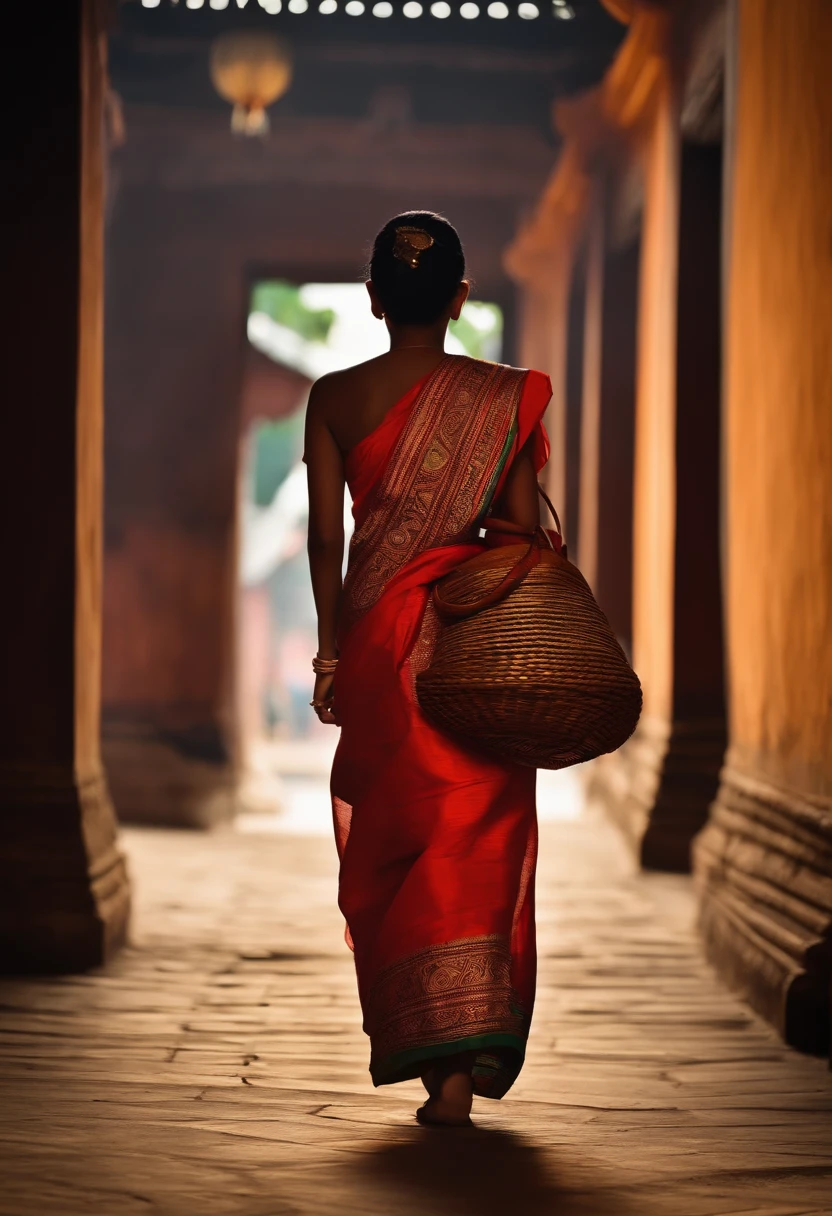 I want Vector silhouettes of burmese college student with tradtional costume and traditonal bag walking back