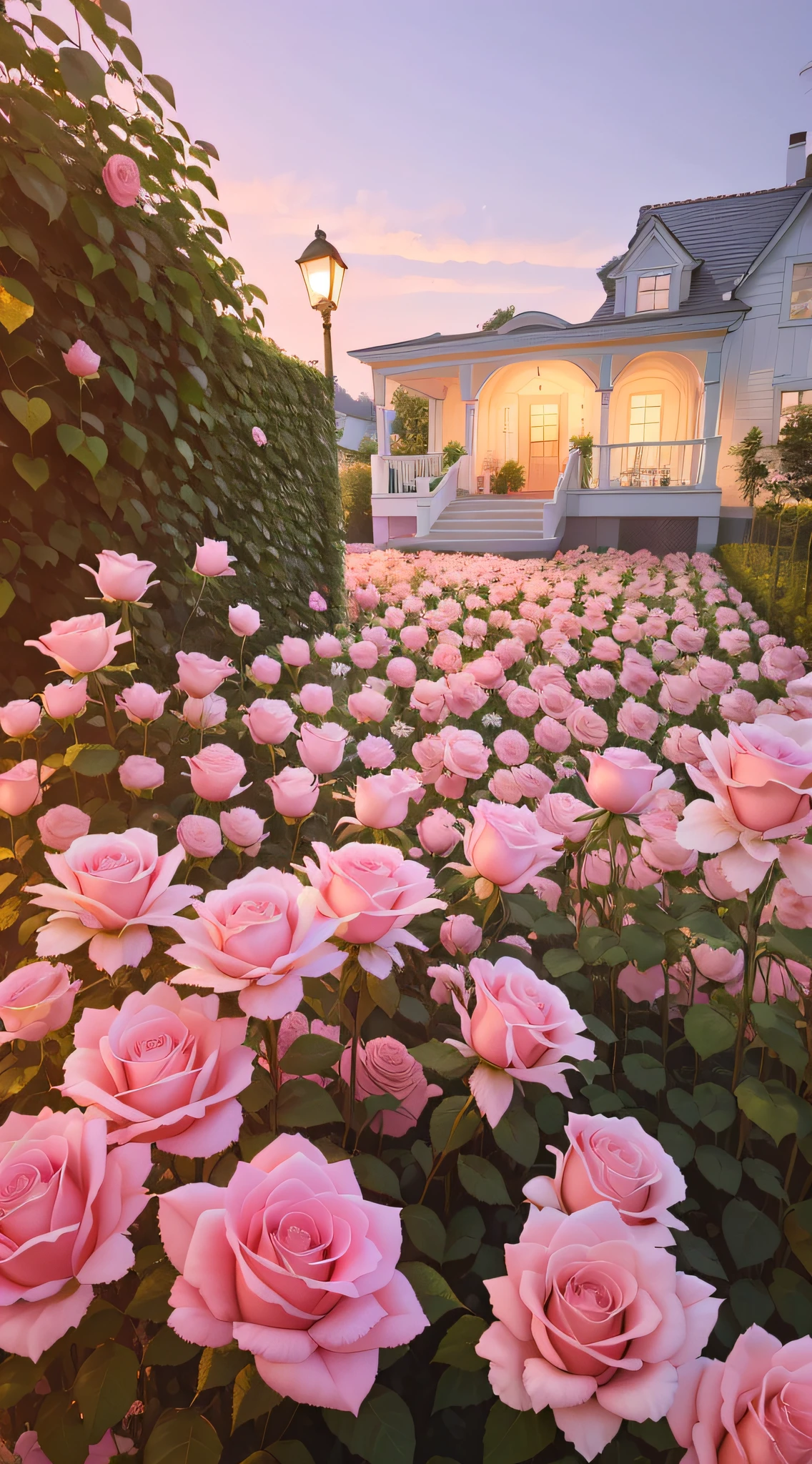 There is a pink rose field in front of the house, Beautiful and aesthetic, with soft pink colors, an aesthetic field of flowers, in a cottagecore flower garden, dreamy aesthetic, rose pink lighting, Rose garden, beautiful aesthetic, roses in cinematic light, soft light 4 k in pink, pink golden hour, Magical flowers, cottagecore flower garden