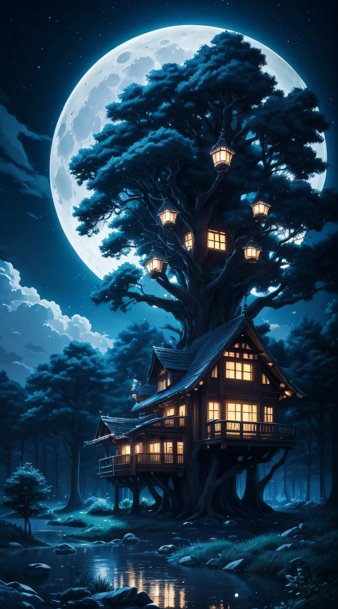 anime scenery of a large treehouse in the middle of a forest, digital art inspired by Andreas Rocha, pixiv, fantasy art, anime background art, nightime village background, anime background, anime countryside landscape, anime landscape wallpaper, anime scenery, beautiful anime scenery, night scenery, amazing wallpaper, 4K wallpaper, very detailed, beautiful anime scene, anime nature wallpap, lighblue and silver glow, silver full moon, fairytale style, a few clouds, a little desaturated image, Blue light, blue glowing moon, white glowing fireflies