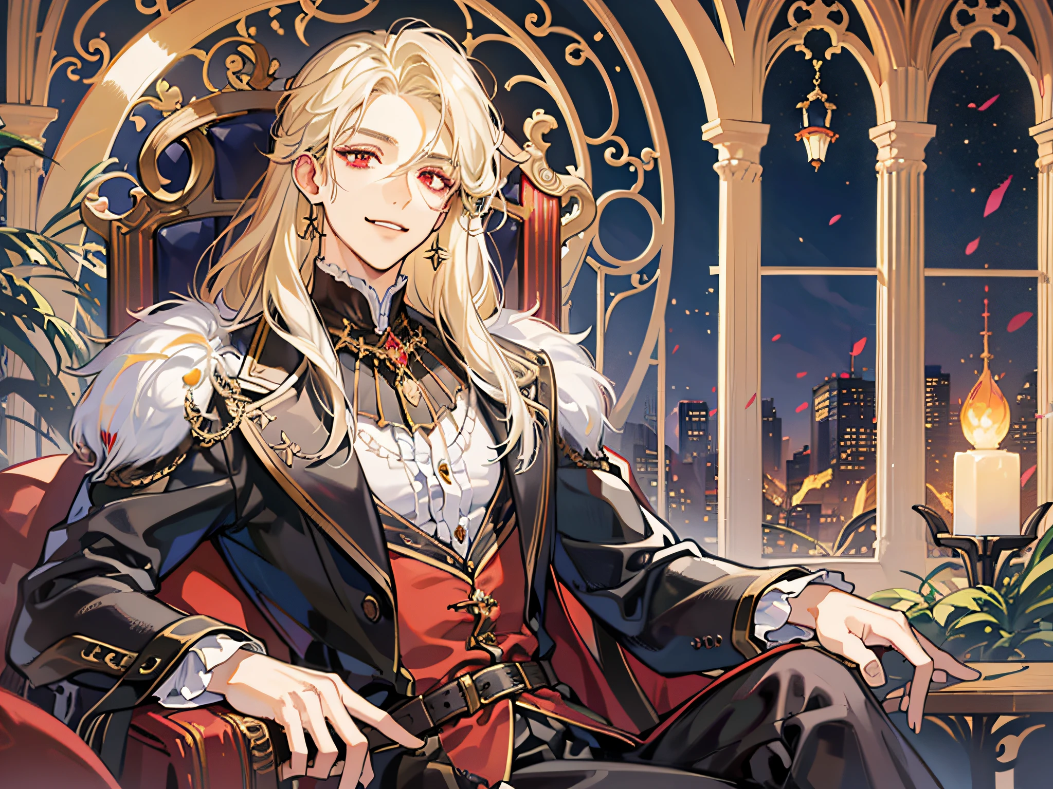 (absurderes, hight resolution, ultra-detailliert),(absurderes, hight resolution, ultra-detailliert), 1 male, Adult, Handsome, tall muscular man, broad shoulders, finely detailed eyes and detailed face, Long Blond Hair, Large Baroque mansion of the 18th century, garden, nobles, nobles, Elegant, neat, Graceful, Sunset, Scenery, Smiling upper body, Attractive, Red Eyes, Vampire Fangs, Red Eyes, a throne, magical effect, loimu