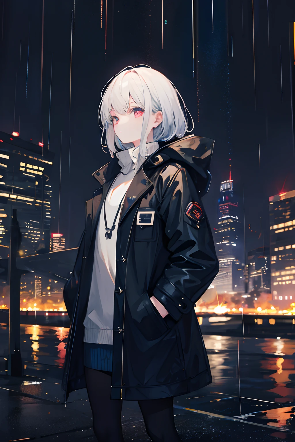 1girl, Night City, rain, coat, hands in pockets