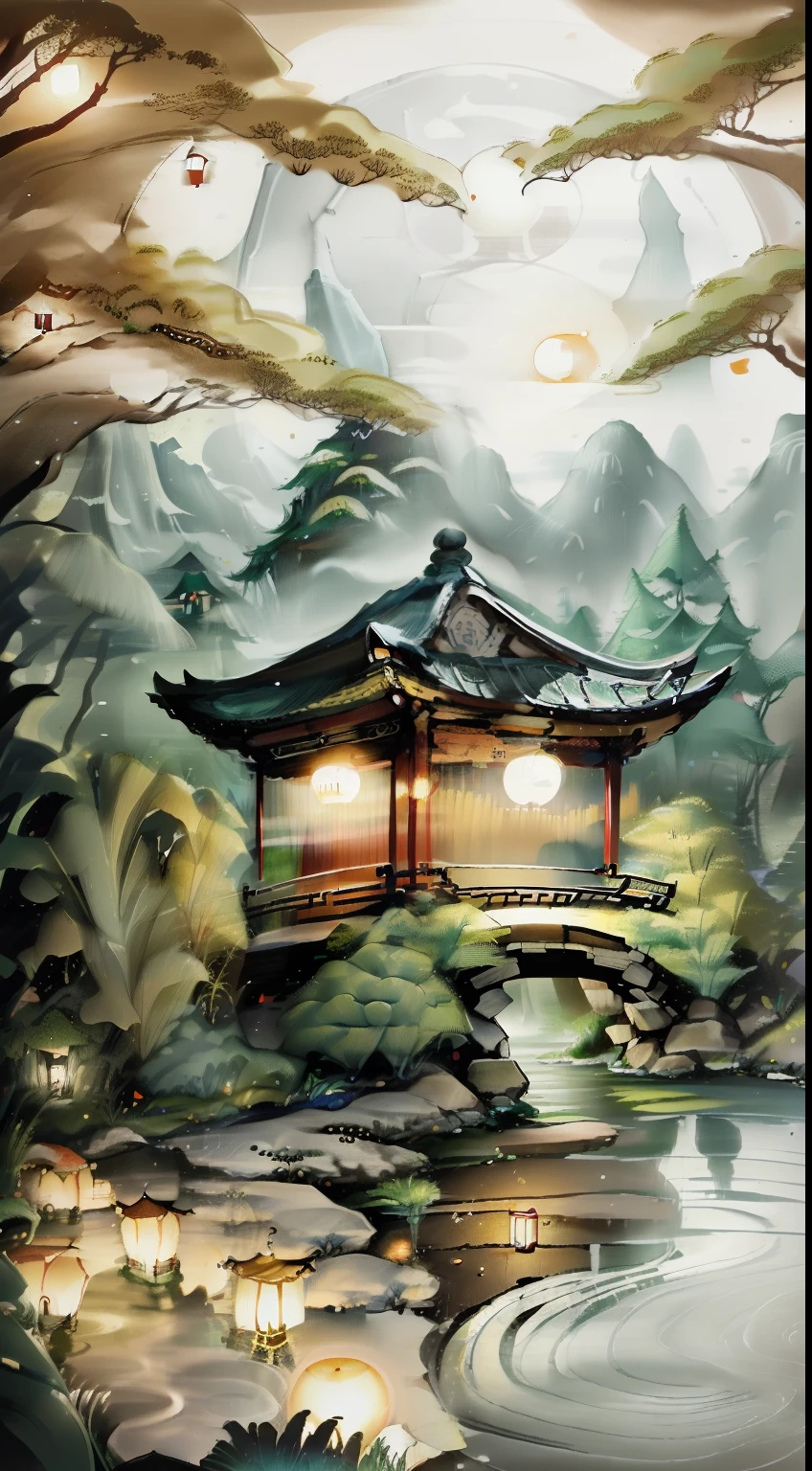 masterpiece,best quality,Chinese martial arts style,an asian night scene with lanterns and water lilies,asian pond with many lanterns and boatsa night scene with many lights and boats in the water, Lake surface, lotus flowers,beautiful night scene,(((Chinese martial arts style))), with vast sky, continuous mountains and steep cliffs, ink wash style, outline light, atmospheric atmosphere, depth of field, mist rising, bamboo, pine trees, octagonal stone pavilion, waterfall flowing water,big full moon,(No color) , Monochrome, light color,