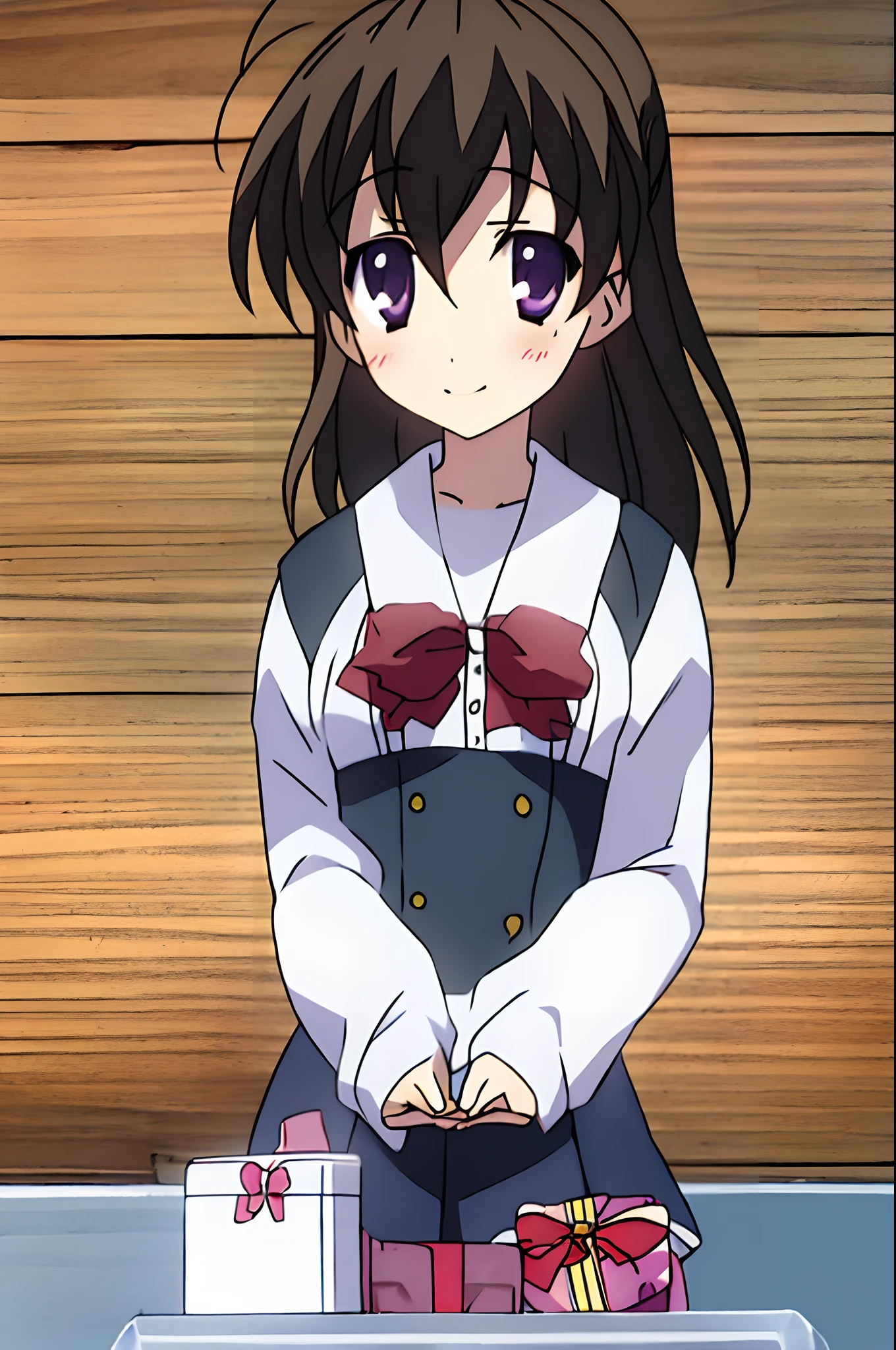 1girl, antenna hair, blush, box, brown hair, gift, heart, heart-shaped box, long hair, school uniform, smile, solo, valentine