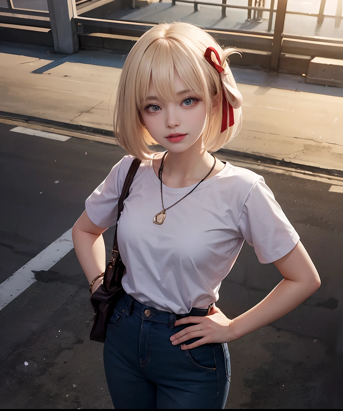 1 girl, (()), chisatonishikigi, nishikigi chisato, short hair, bangs, blonde hair, white hair, Very straight hair, (red eyes:1.5), hair ribbon, one side up, bob cut, BREAK shirt, long sleeves, dress, ribbon, white shirt, collared shirt, belt, neck ribbon, red dress, blue ribbon, pleated dress, grey dress, two-tone dress, red belt, lycoris uniform,, BREAK outdoors, city, BREAK looking at viewer, BREAK (masterpiece:1.2), best quality, high resolution, unity 8k wallpaper, (illustration:0.8), (beautiful detailed eyes:1.6), extremely detailed face, perfect lighting, extremely detailed CG, (perfect hands, perfect anatomy), ((Small breats)), Smile thin, (From Above),