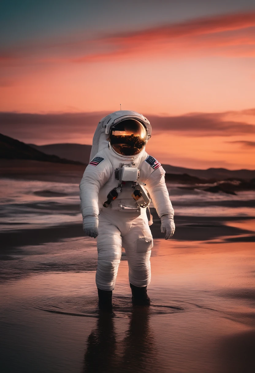 o astronauta caminha no mar de flores pontilhadas de nuvens cor-de-rosa,The astronaut who is alone,The astronaut cannot leave this planet,The astronaut is lost in space without limits.