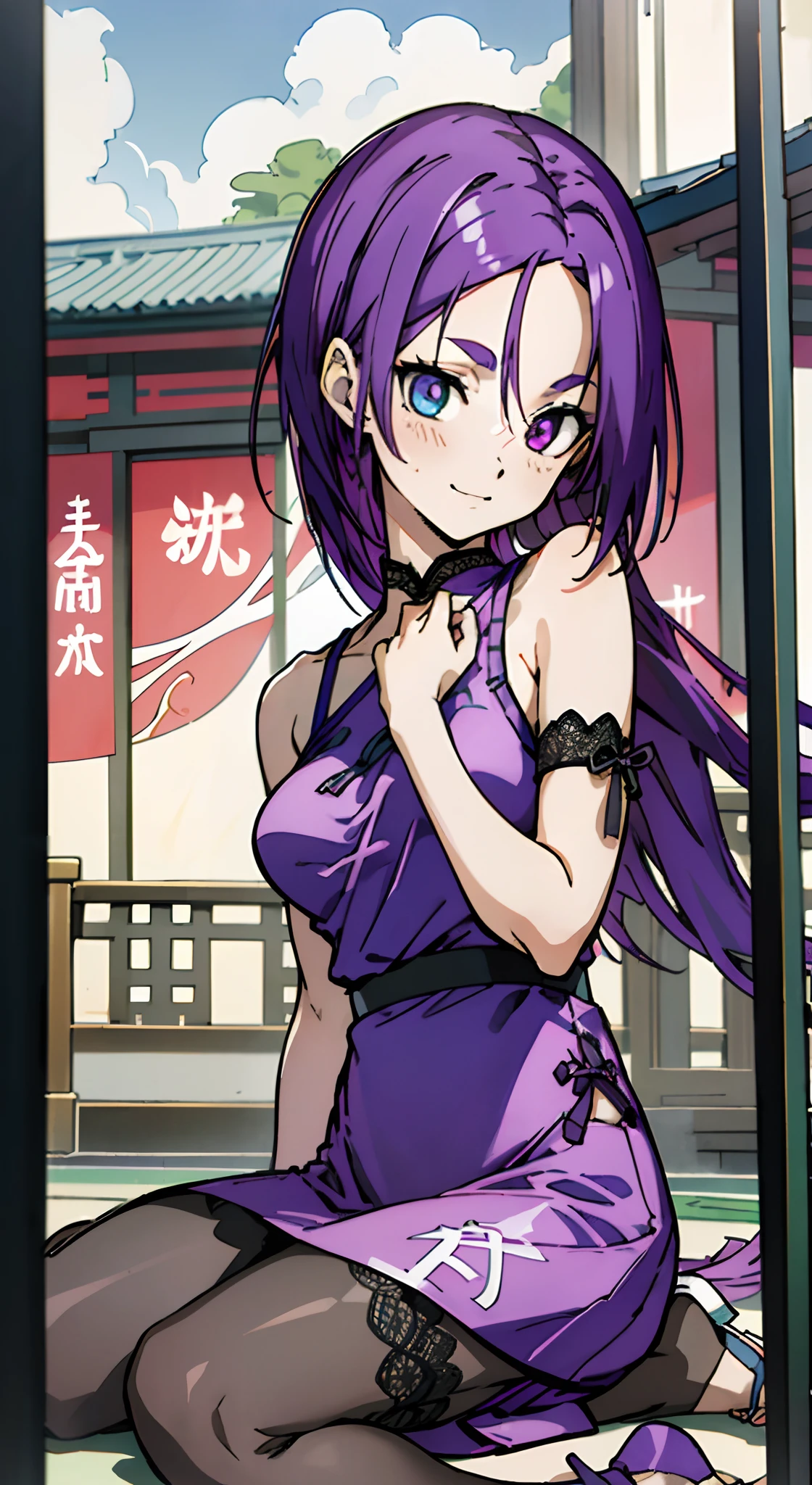 masutepiece, Best Quality, Ultra-detailed, Colorful,Up-close, Hyper-detailing，purple color  hair, Ultra-realistic hair quality, Vibrant colors, Beautuful Women, Beautiful long hair, Shiny hair, detailed hairs, Reo Mikage, Blue Lock, no sleeves, Camisole and cheongsam, Blue cheongsam, Camisole and cheongsam, dress, lace dress, chinese clothes, Chest exposure, Lace underwear, Metamorphosis is exposed, Choker, Black Choker, arm warmer, Relative area, Sexy breasts, Big breasts, Bare legged, leggins, Blue Leggings, Bare legged, Sandals, Black sandals, Sitting on the floor, Sitting on the ground, red blush, 1girl in, Solo, Sharp face, Heterochromia, Green eyes, Purple eyes, Bare neck, Happy face, rays of sunshine, Brave Sky, shining sky,shanghai, China, Shanghai Village, castle