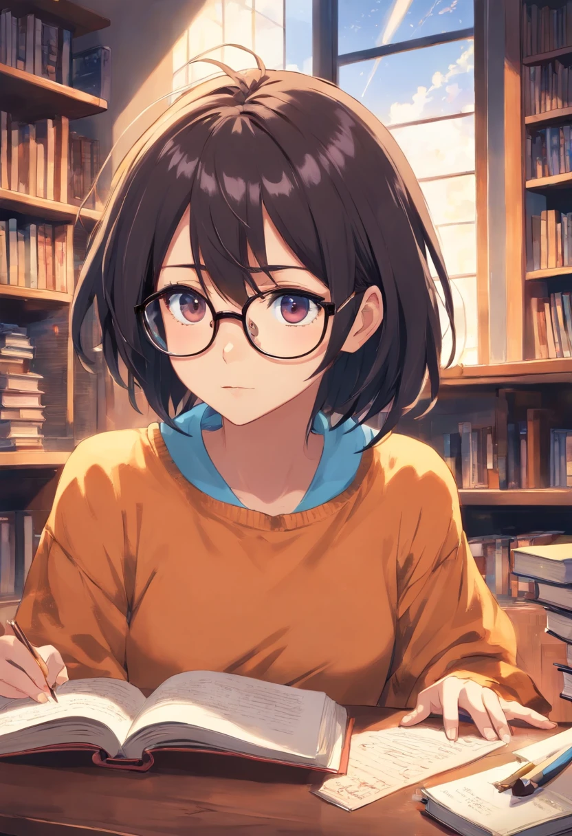(top-quality, masterpiece) L Lauriet does anime Death Note, wears glasses, In a unique and captivating style, dark backgrounds, intense expression, piercingeyes, messy black hair, Dark and elegant clothes, Mysterious silhouette, Confident posture in a room with books and computer.
