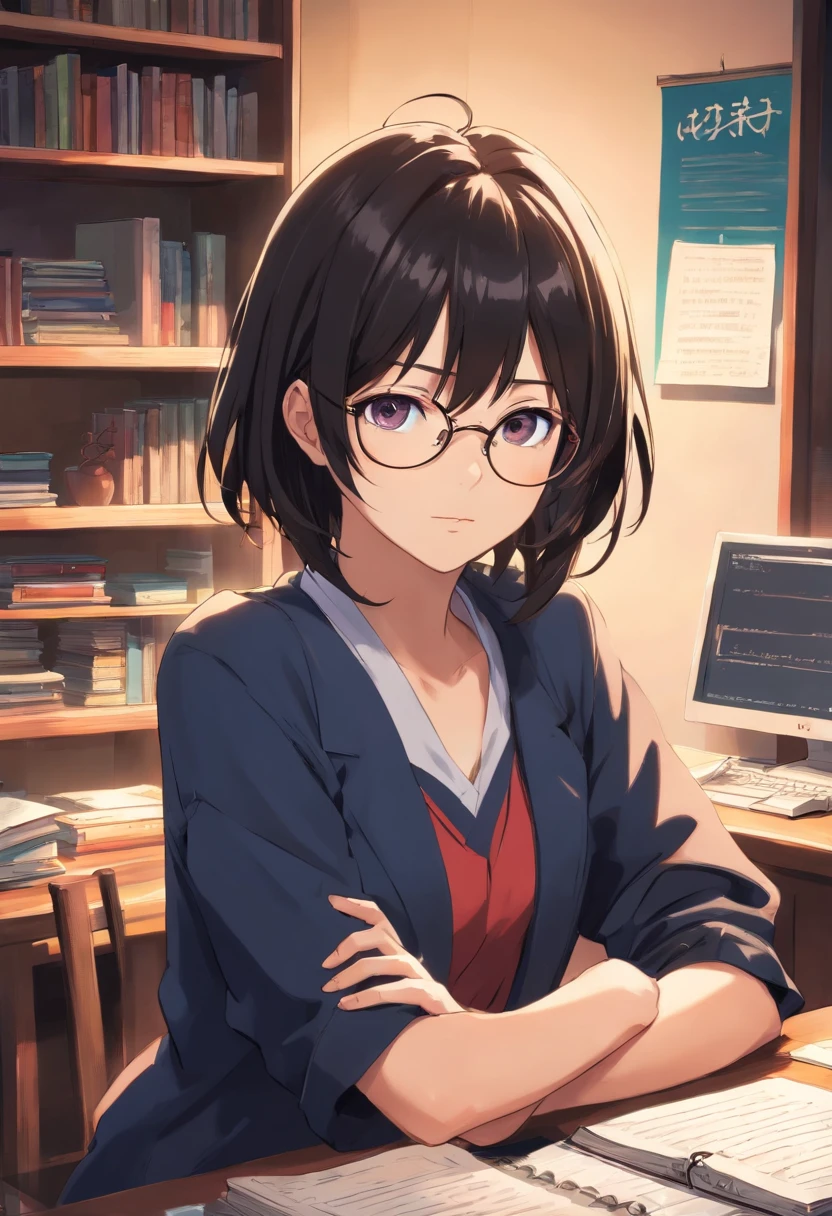 (top-quality, masterpiece) L Lauriet does anime Death Note, wears glasses, In a unique and captivating style, dark backgrounds, intense expression, piercingeyes, messy black hair, Dark and elegant clothes, Mysterious silhouette, Confident posture in a room with books and computer.