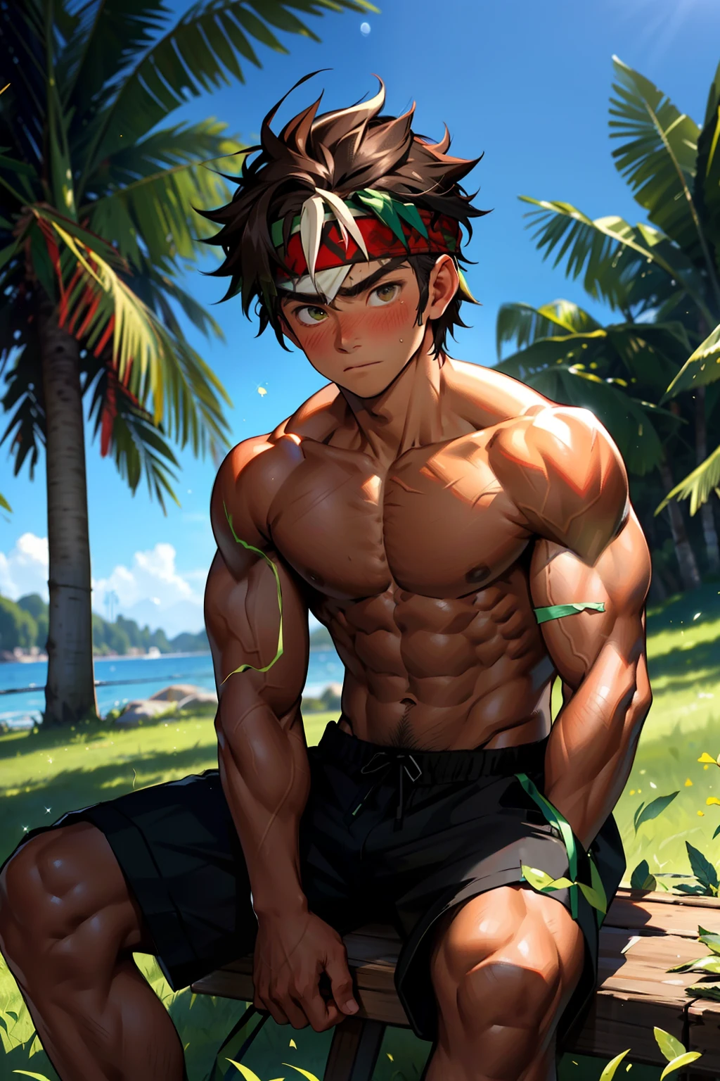 (Masterpiece, Best quality 12 year old boy,Shota), 1boys, Young,Muscular, Short hair, with brown eye, Intricate, Grass, full bodyesbian, Shirtless, Muscles sparkle in the sun,Black shorts, green headband, Vivid colors,(Depth of field:1.2),(Abs),Blush, view the viewer, Sit on grass,