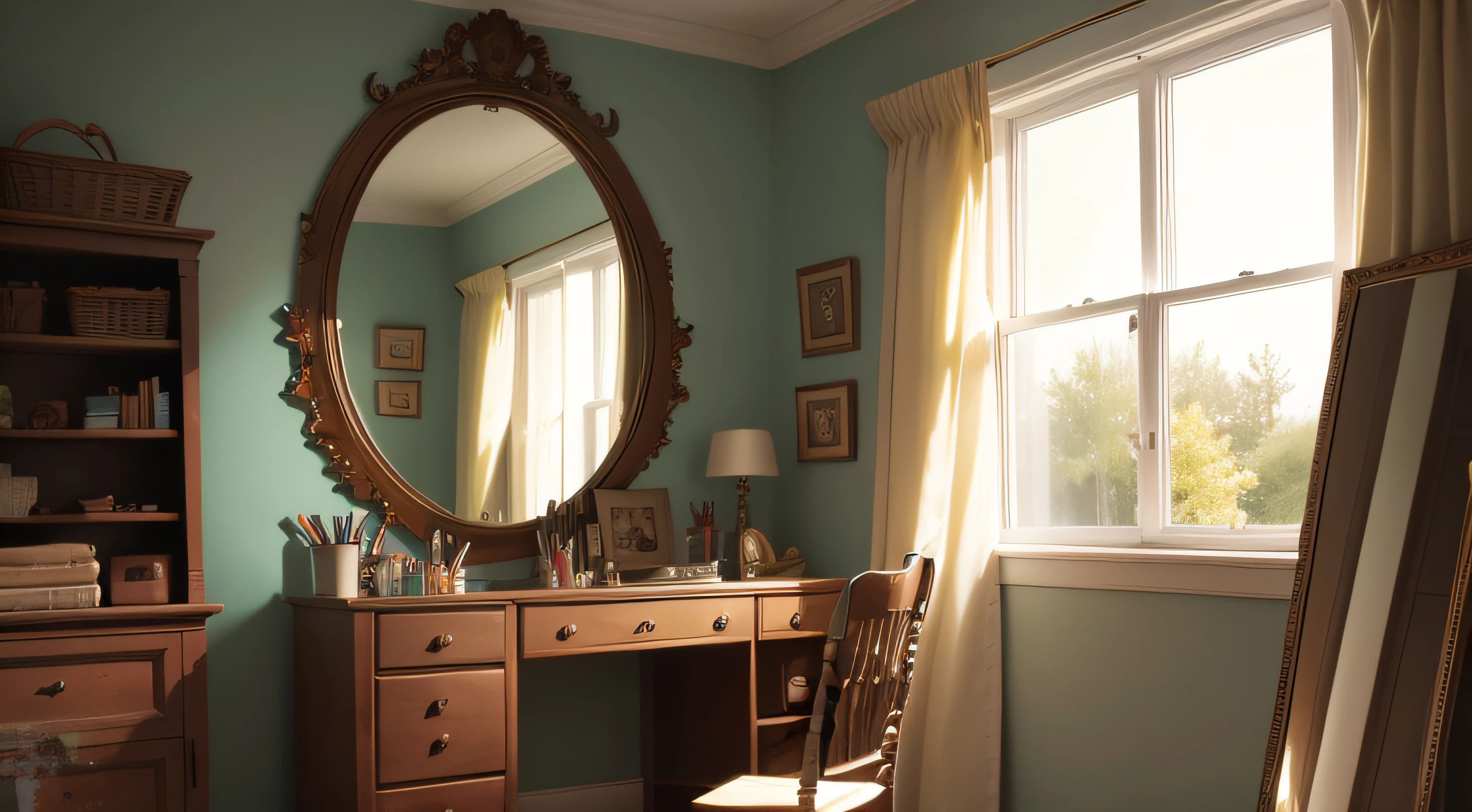 girl room with various painting tools, with one ancient mirror