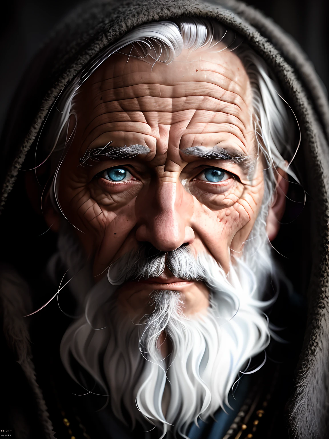 A portrait of a wizard, bearded, wrinkled, weathered, with piercing eyes, detailed face, high details, photography, dark studio, rim light, Nikon D850, 50mm, f/1.4