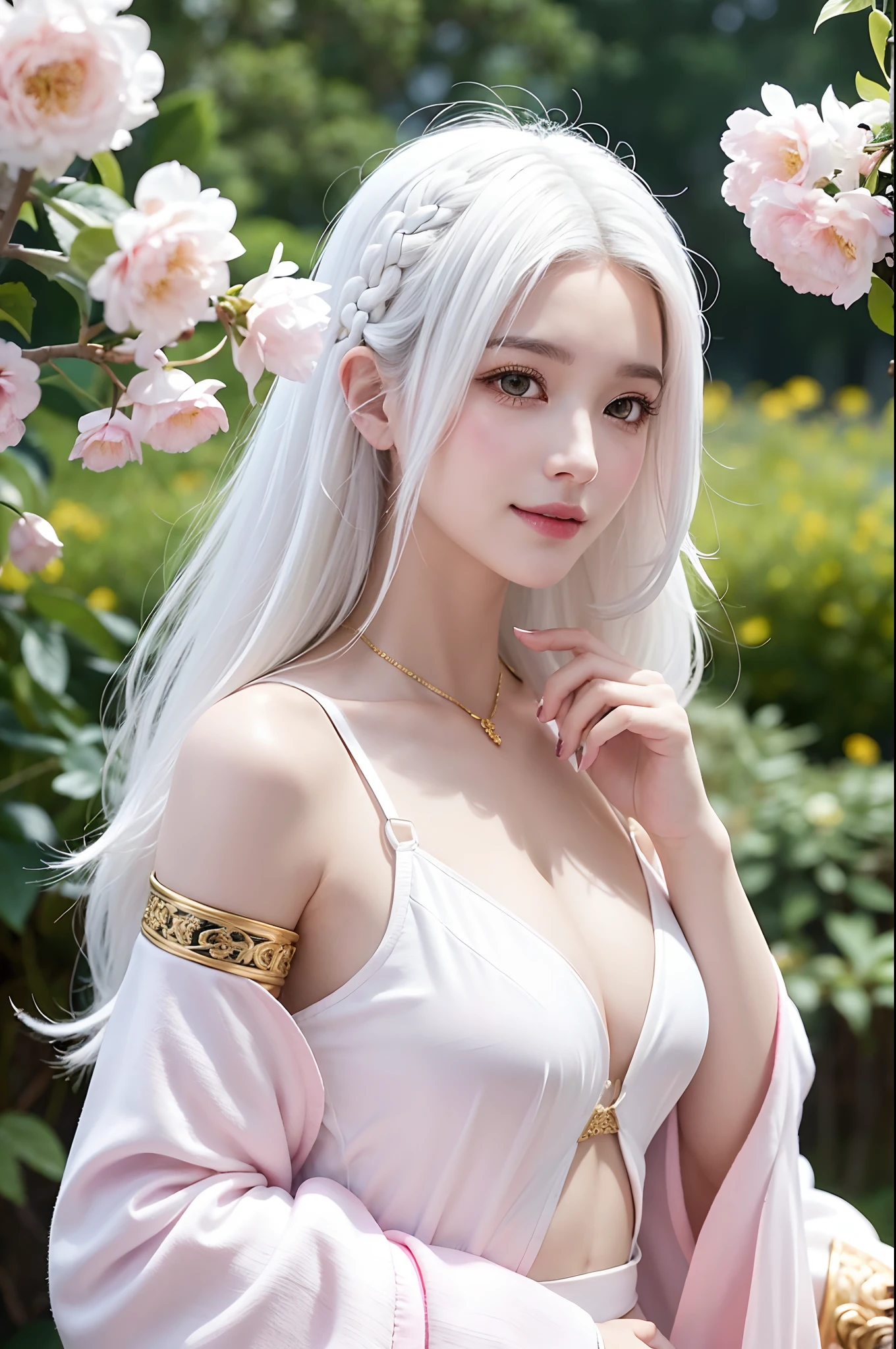 , , He is a young female Taoist with long hair and a long European face., , ((sHe was playing with flowers in her hand. sHe was playing with flowers in her hand))., , sHe's very good-looking., , sHe was wearing leather armor., , sHe's a bard., , sHe's a bard., , sHe's a bard., , The background behind him is a mountain, and the background is pure gold, not white., nsfw, big boobs, ((white hair:1.3)), ((Pink and white clothes)), shy smile, Very very cute, pure shoulder, open V chest clothes