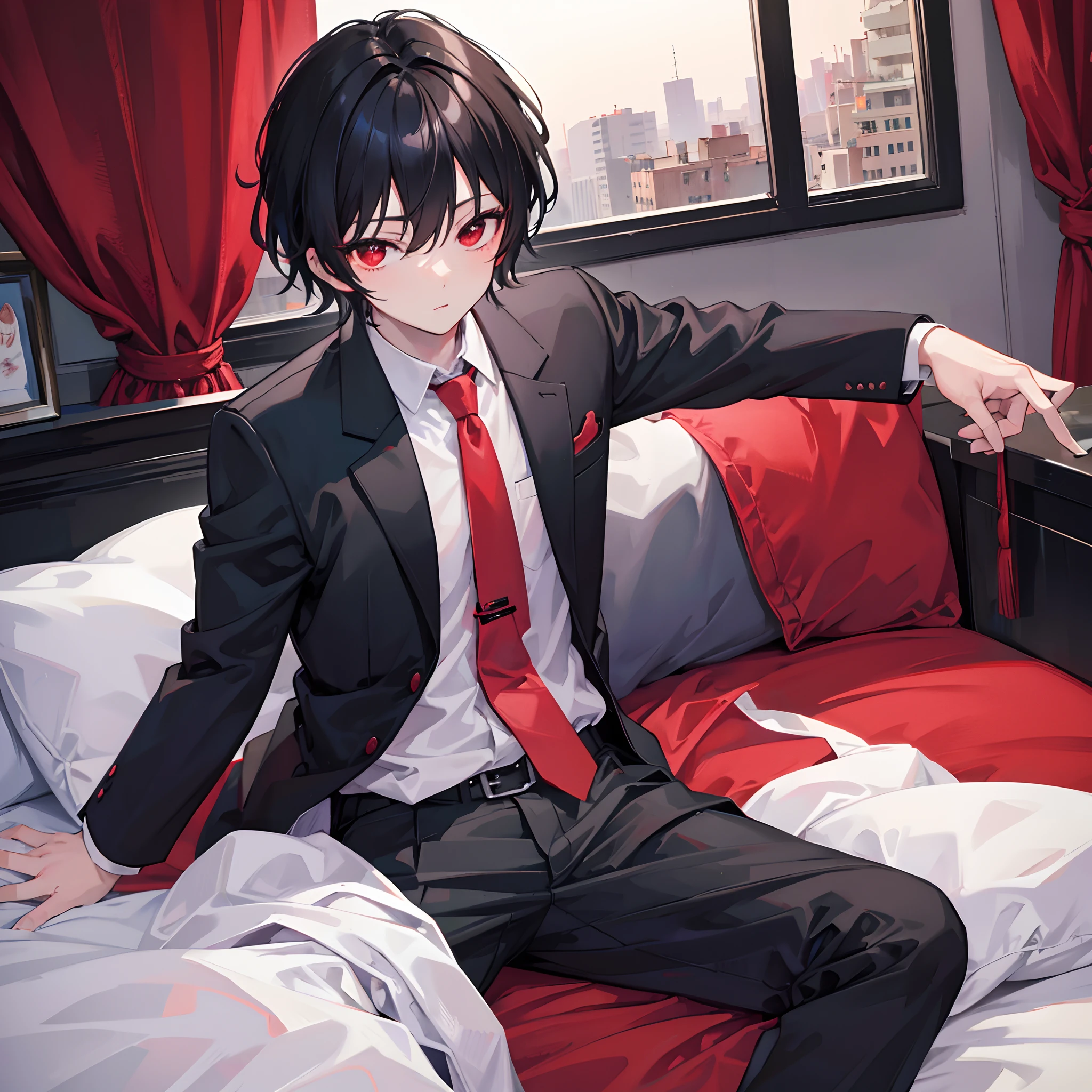 Black hair red eyes boy in bed with suit