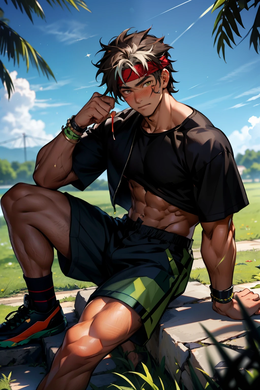 (Masterpiece, Best quality boy,Shota), 1boys, Young,Muscular, Short hair, with brown eye, Intricate, Grass, full bodyesbian, Shirtless, Muscles sparkle in the sun,Black shorts, green headband, Vivid colors,(Depth of field:1.2),(Abs),Blush, view the viewer, Sit on grass,