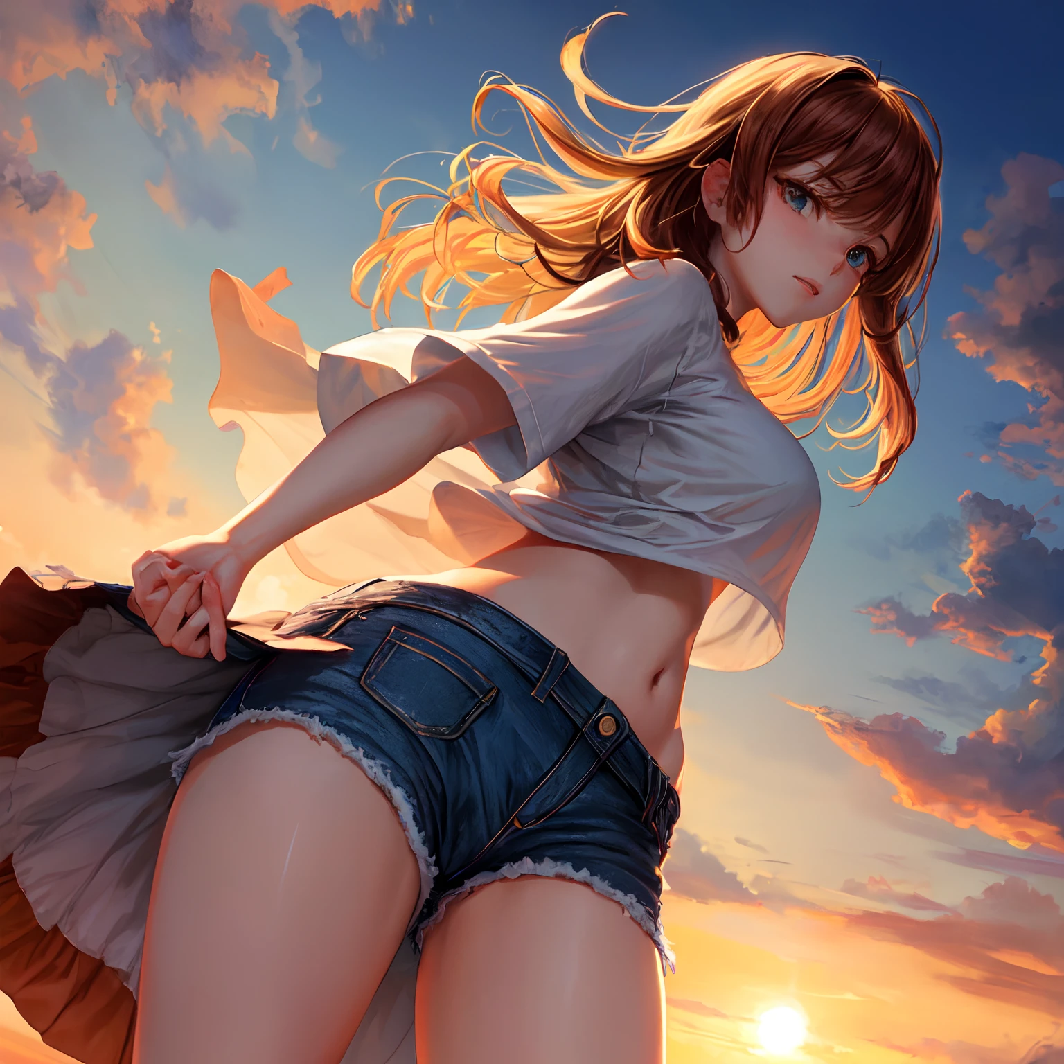 (Shoot from below:1.5), Rear Angle, (From below :1.4), (Crotch focus:1.2), (low angles:1.2), BREAK, top-quality, masterpiece, Photonic style, high-detail, 16k picture quality, beautiful a girl, Turn around and look at the camera, Depicts the whole body, Standing backwards, plump big breasts, Constricted waist, white short sleeves T-shirt, Sheer , Denim shorts, Navel Ejection, Crimson sky, Madder clouds, Dazzling sunset light, suns, Orange Sea, sand beach, Splash,