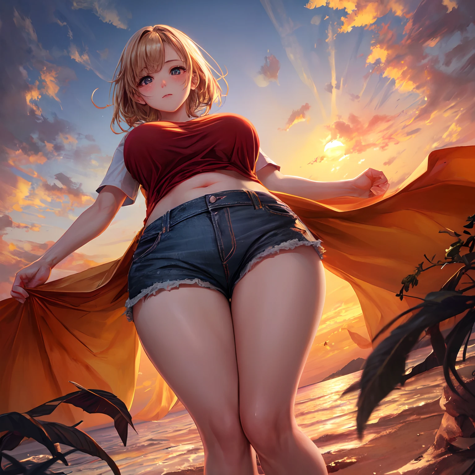 (Shoot from below:1.5), Rear Angle, (From below :1.4), (Crotch focus:1.2), (low angles:1.2), BREAK, top-quality, masterpiece, Photonic style, high-detail, 16k picture quality, beautiful a girl, Turn around and look at the camera, Depicts the whole body, Standing backwards, plump big breasts, Constricted waist, white short sleeves T-shirt, Sheer , Denim shorts, Navel Ejection, Crimson sky, Madder clouds, Dazzling sunset light, suns, Orange Sea, sand beach, Splash,