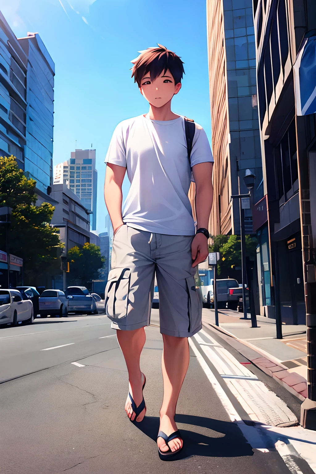 boy walking on the sidewalk,wearing plain white shirt,cargo shorts, flip flops,urban background,clear blue sky,vibrant atmosphere,calm stride,hands behind back,sunny weather,perspective from front