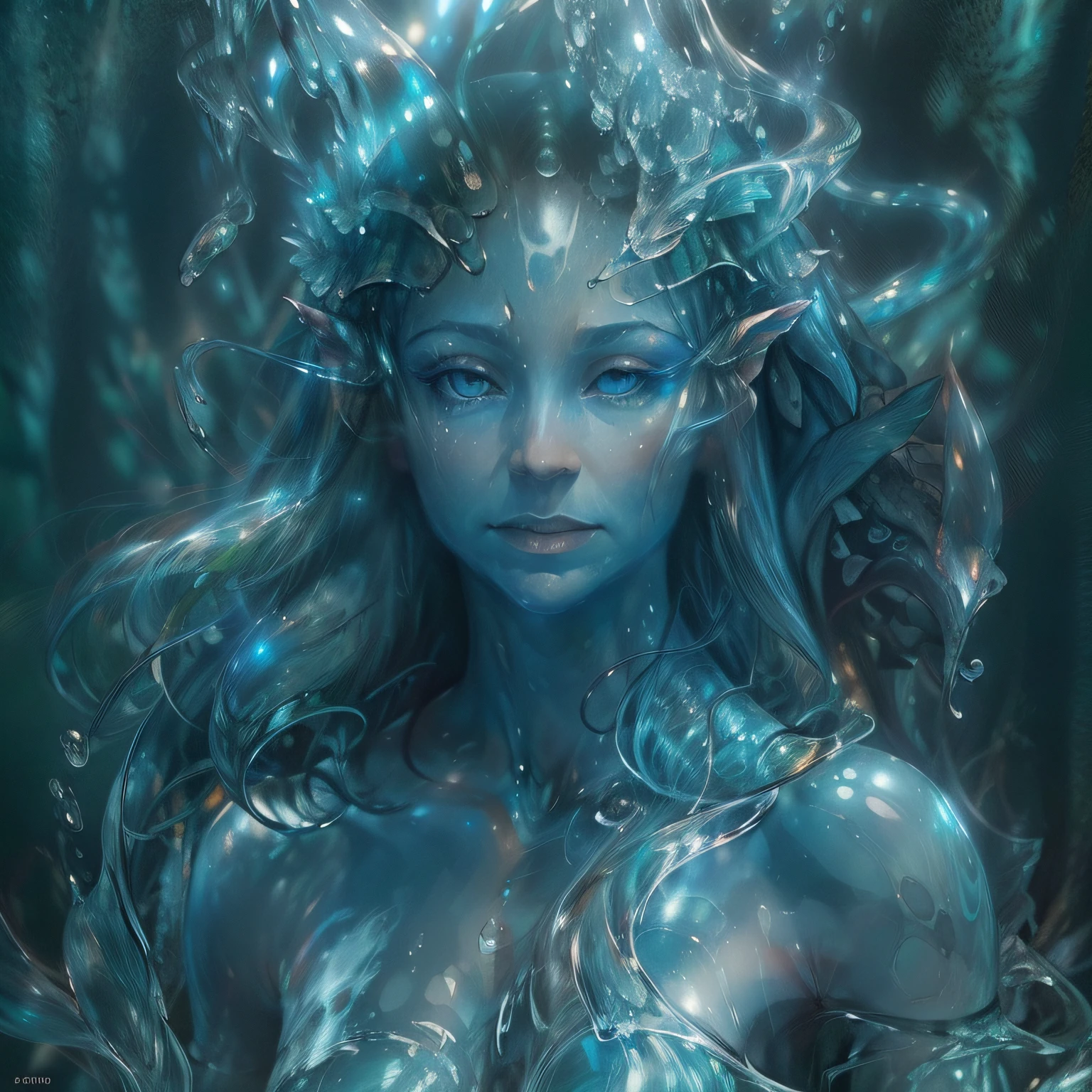 water elemental, undine, High illuminance present made of water, Beautiful lighting, hightquality, very very realistic