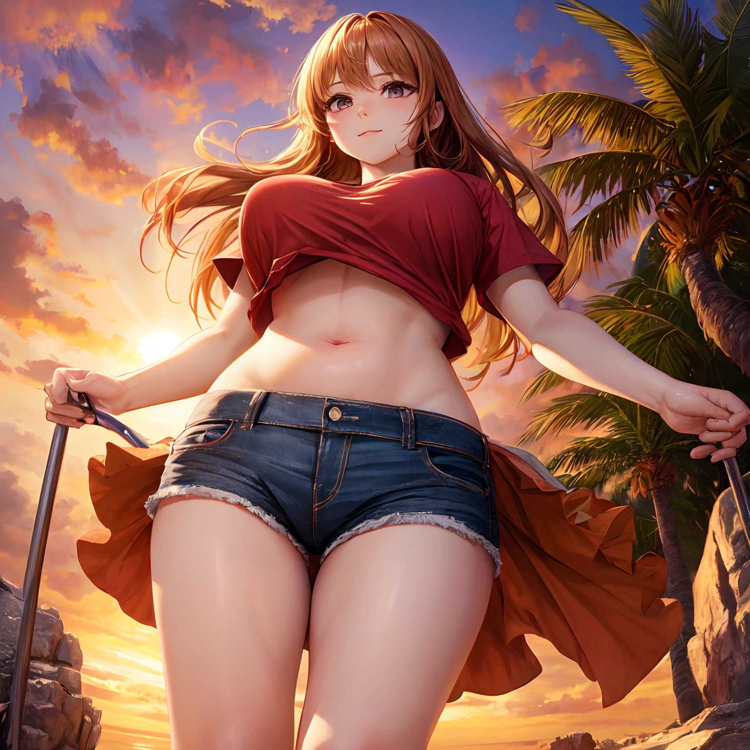 (Shoot from below:1.5), Rear Angle, (From below :1.4), (Crotch focus:1.2), (low angles:1.2), BREAK, top-quality, masterpiece, Photonic style, high-detail, 16k picture quality, beautiful a girl, Turn around and look at the camera, Depicts the whole body, Standing backwards, plump big breasts, Constricted waist, white short sleeves T-shirt, Sheer , Denim shorts, Navel Ejection, Crimson sky, Madder clouds, Dazzling sunset light, suns, Orange Sea, sand beach, Splash,