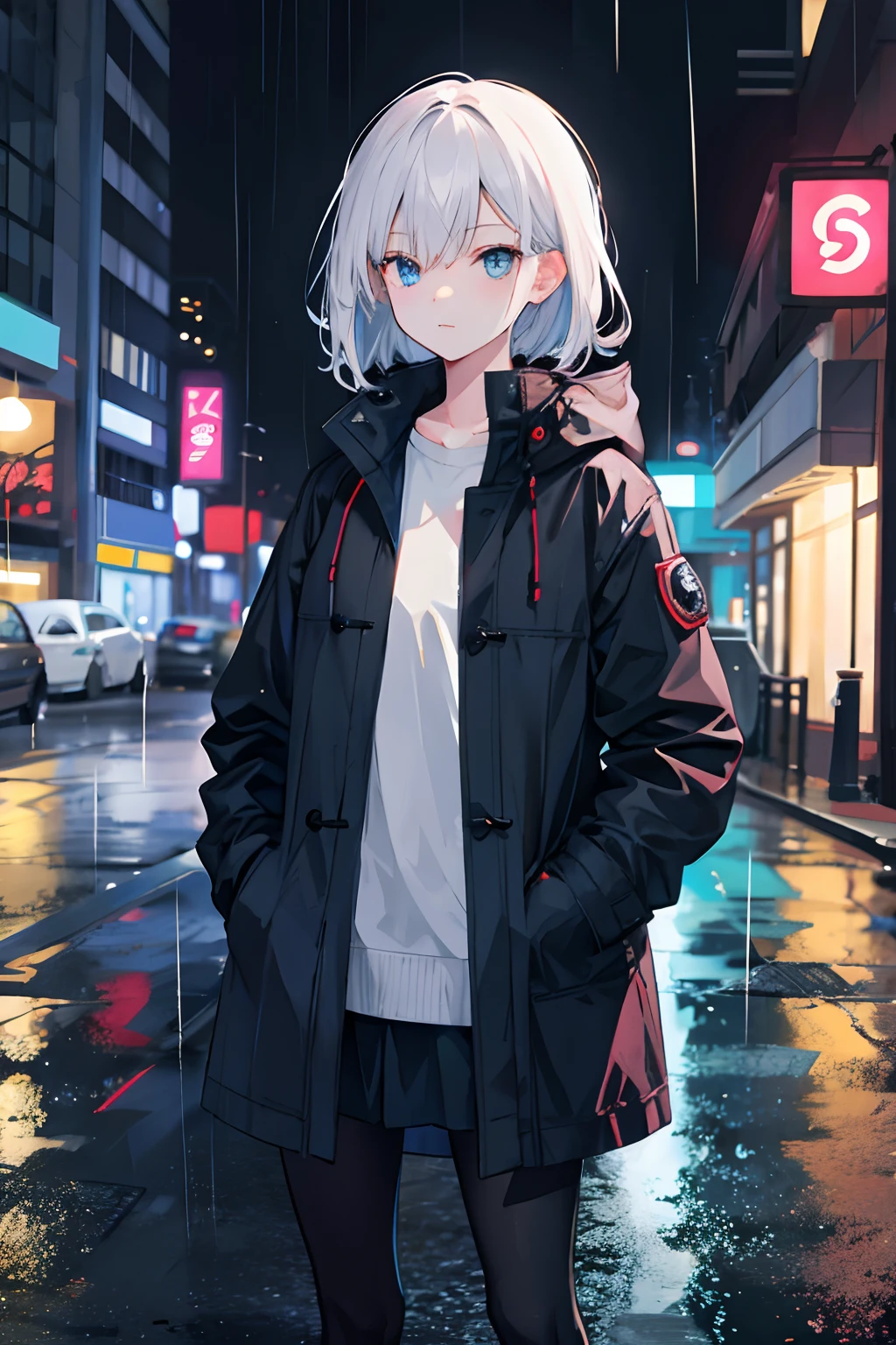 1girl, Night City, rain, coat, hands in pockets