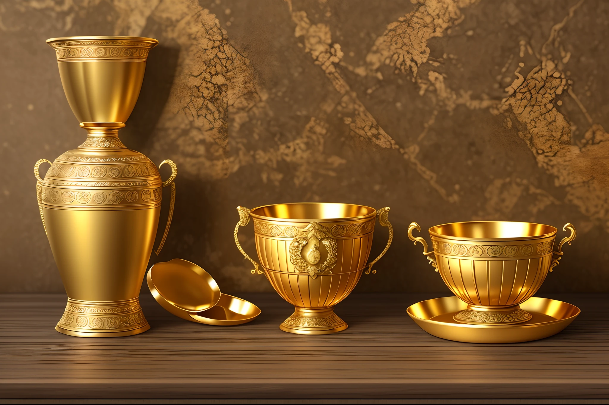 A desktop screen and a golden goblet placed on an old roman empire table infront of a wall decorated with roman empire golden items, natural light, high details, photo realistic, ultra realistic, photoshoot, Samsung S21 Ultra, 16k, enhanced, --auto --s2