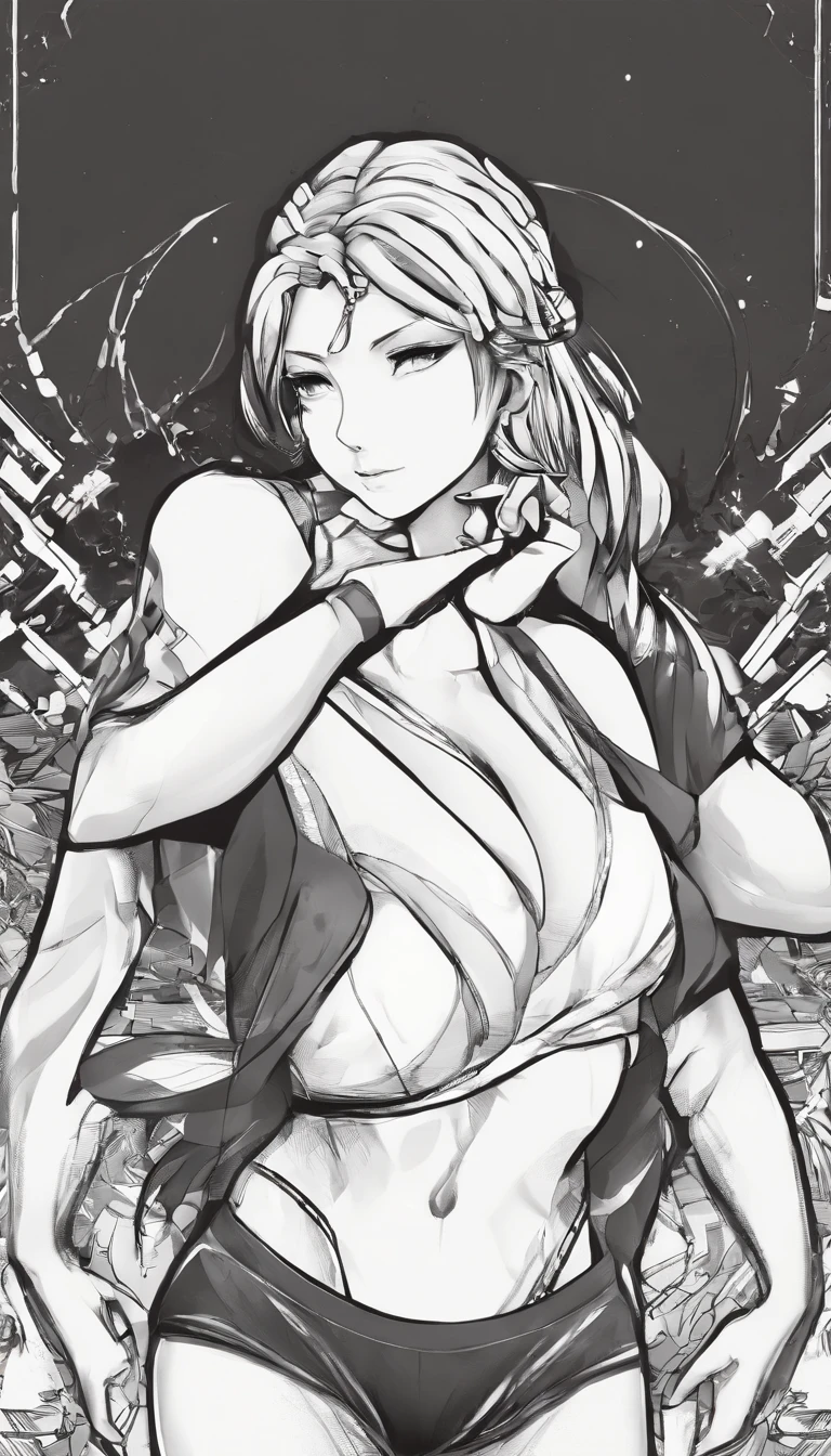 A muscular woman with big breasts holding them kneeling doing the ahegao pose